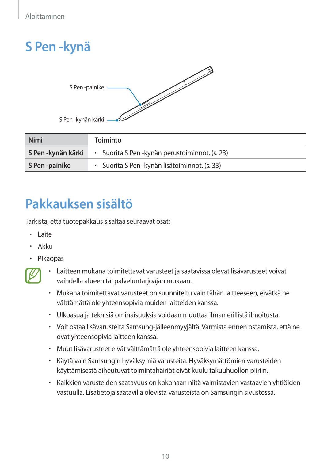 Samsung SM-N9005ZWENEE, SM-N9005WDENEE, SM-N9005ZKENEE manual Pen -kynä, Pakkauksen sisältö, Nimi Toiminto, Pen -painike 