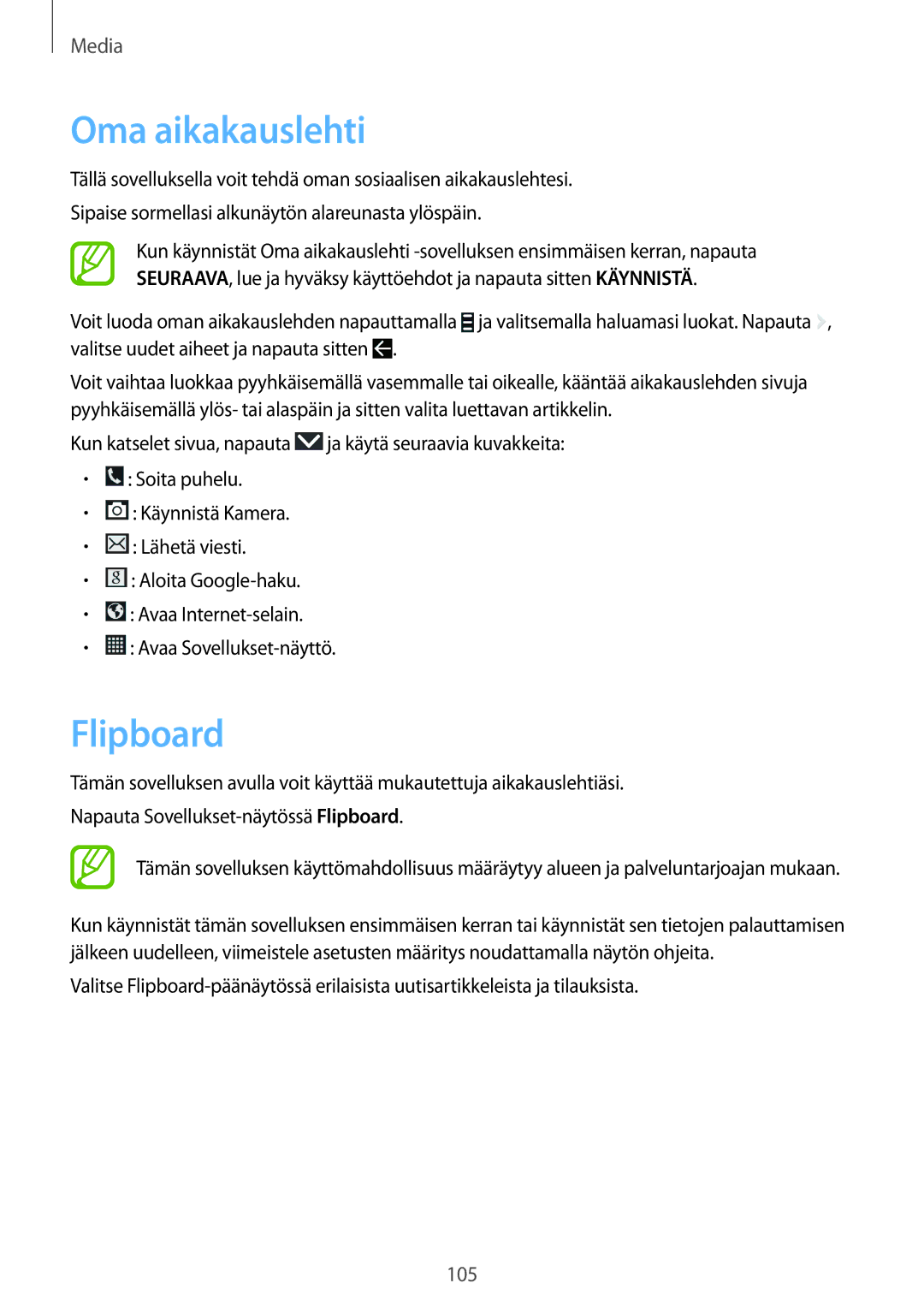 Samsung SM-N9005BDENEE, SM-N9005WDENEE, SM-N9005ZKENEE, SM-N9005ZIENEE, SM-N9005ZWENEE manual Oma aikakauslehti, Flipboard 