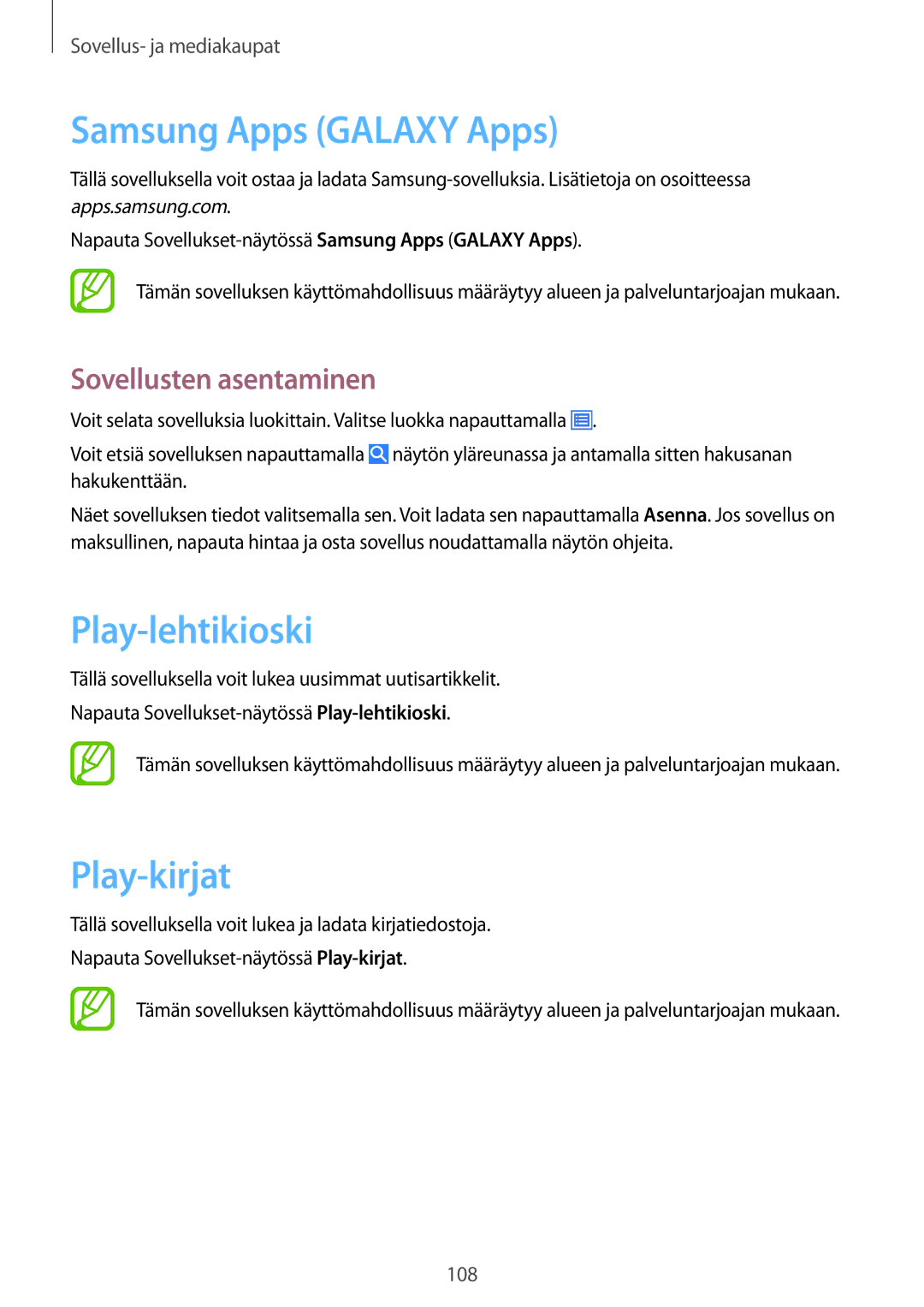 Samsung SM-N9005WDENEE, SM-N9005ZKENEE, SM-N9005ZIENEE manual Samsung Apps Galaxy Apps, Play-lehtikioski, Play-kirjat 