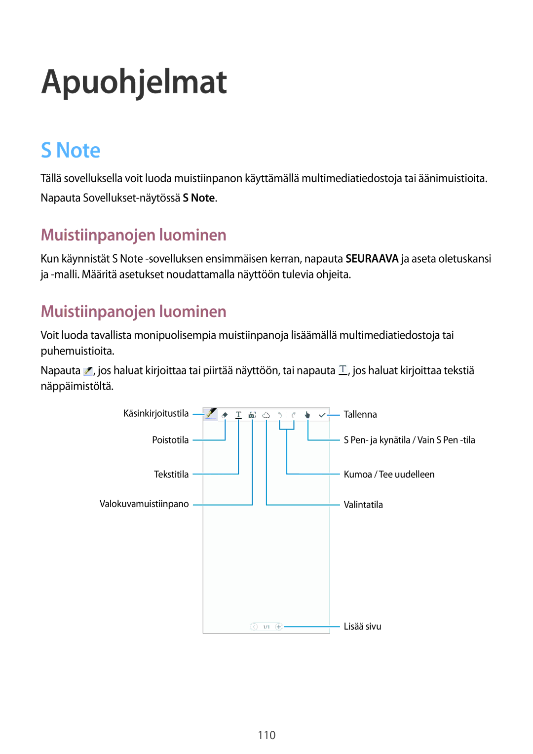 Samsung SM-N9005ZIENEE, SM-N9005WDENEE, SM-N9005ZKENEE, SM-N9005BDENEE, SM-N9005ZWENEE Apuohjelmat, Muistiinpanojen luominen 