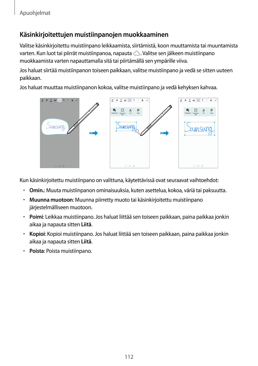 Samsung SM-N9005ZWENEE, SM-N9005WDENEE, SM-N9005ZKENEE, SM-N9005ZIENEE manual Käsinkirjoitettujen muistiinpanojen muokkaaminen 