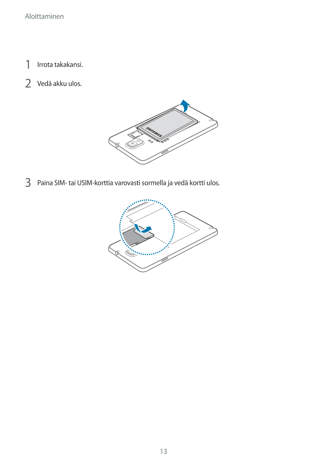 Samsung SM-N9005ZKENEE, SM-N9005WDENEE, SM-N9005ZIENEE, SM-N9005BDENEE manual SIM- tai USIM-kortin ja akun poistaminen 