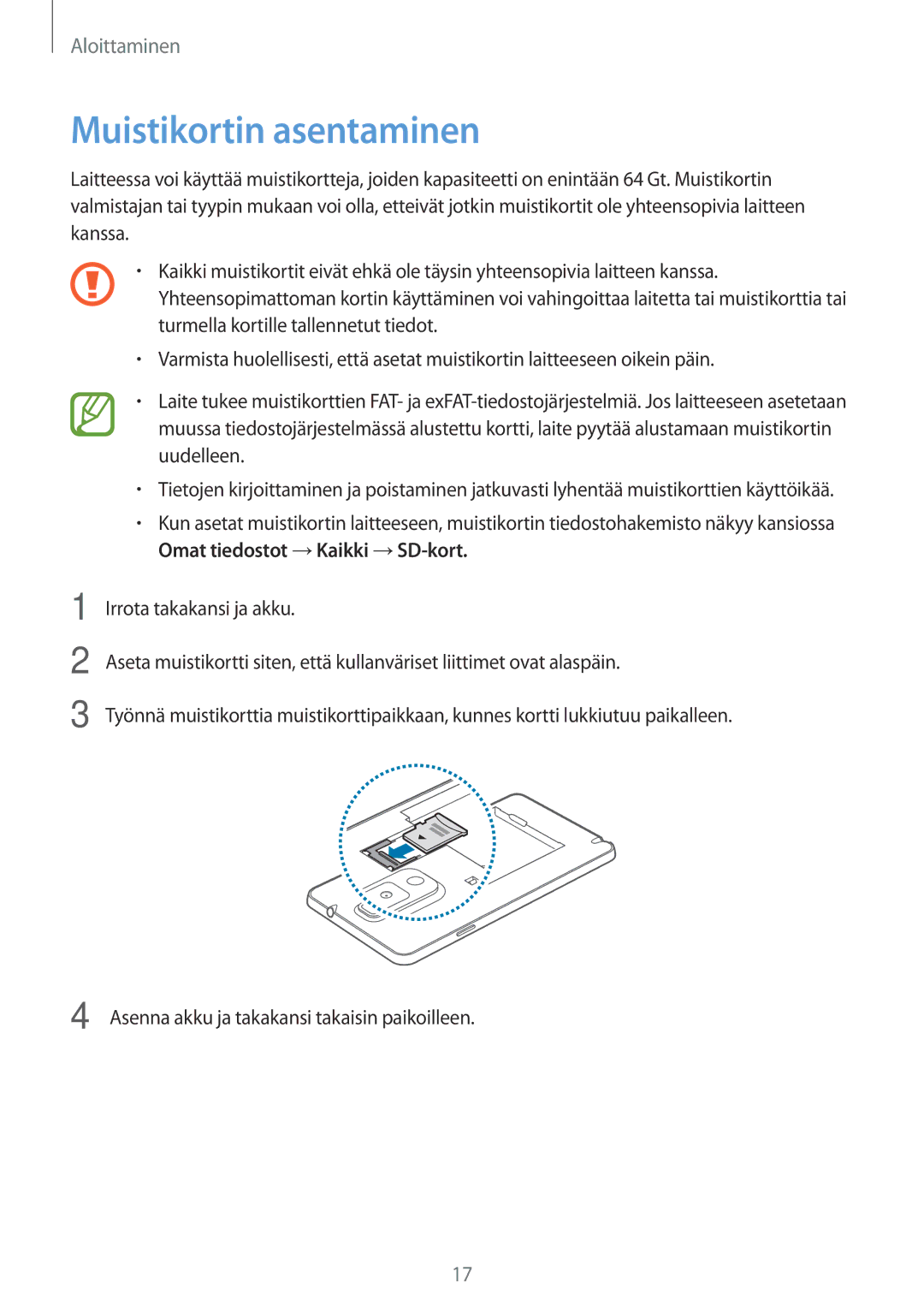 Samsung SM-N9005ZRENEE, SM-N9005WDENEE, SM-N9005ZKENEE, SM-N9005ZIENEE, SM-N9005BDENEE manual Muistikortin asentaminen 