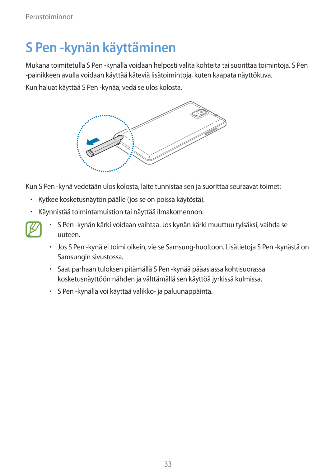 Samsung SM-N9005BDENEE, SM-N9005WDENEE, SM-N9005ZKENEE, SM-N9005ZIENEE, SM-N9005ZWENEE, SM-N9005ZRENEE Pen -kynän käyttäminen 