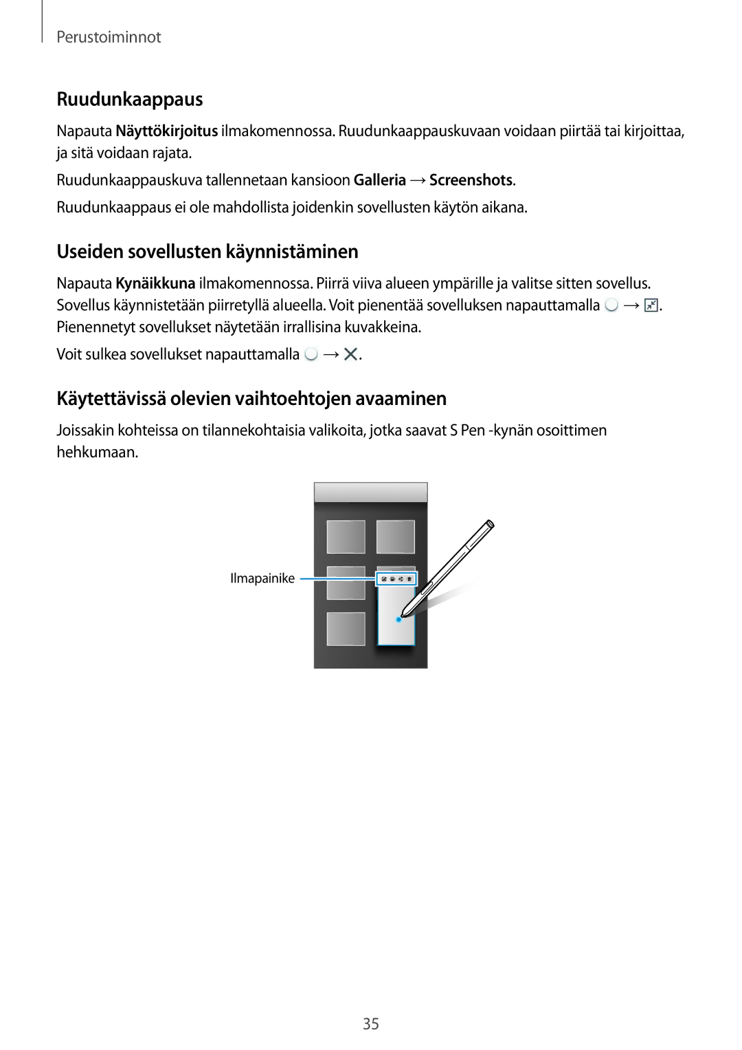 Samsung SM-N9005ZRENEE Ruudunkaappaus, Useiden sovellusten käynnistäminen, Käytettävissä olevien vaihtoehtojen avaaminen 