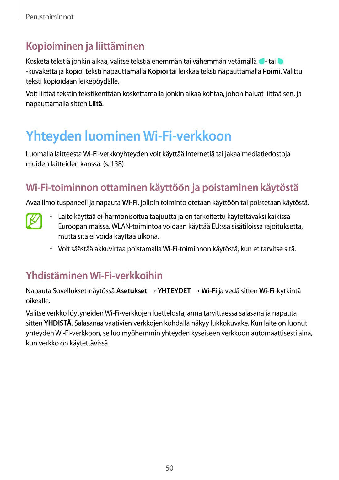 Samsung SM-N9005ZIENEE manual Yhteyden luominen Wi-Fi-verkkoon, Kopioiminen ja liittäminen, Yhdistäminen Wi-Fi-verkkoihin 