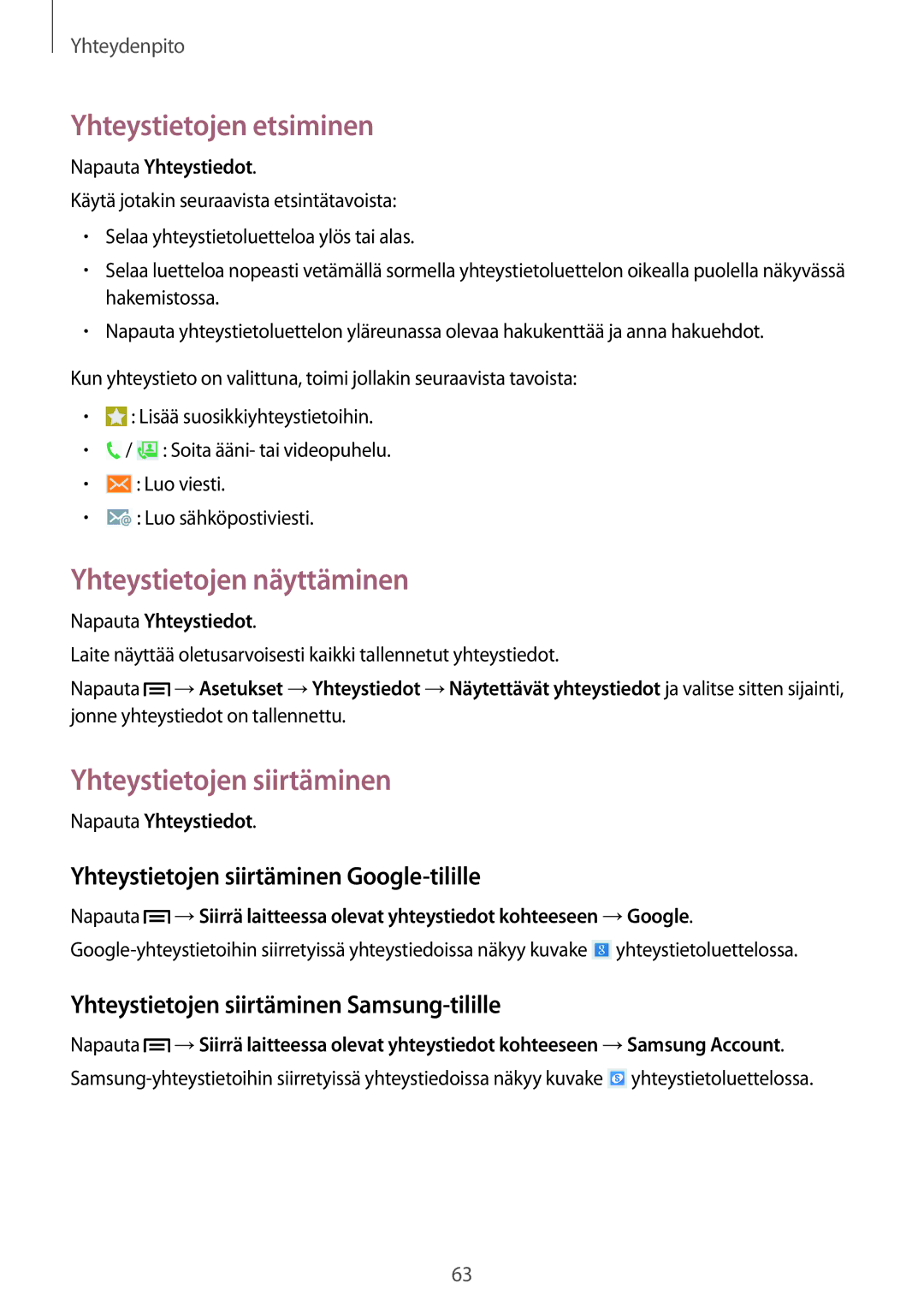 Samsung SM-N9005BDENEE, SM-N9005WDENEE Yhteystietojen etsiminen, Yhteystietojen näyttäminen, Yhteystietojen siirtäminen 