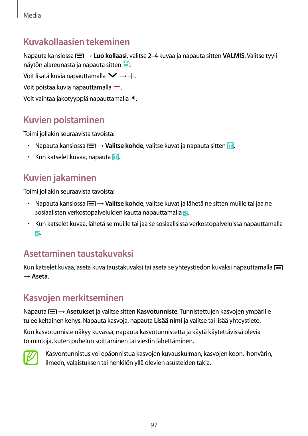 Samsung SM-N9005ZKENEE manual Kuvakollaasien tekeminen, Kuvien poistaminen, Kuvien jakaminen, Asettaminen taustakuvaksi 