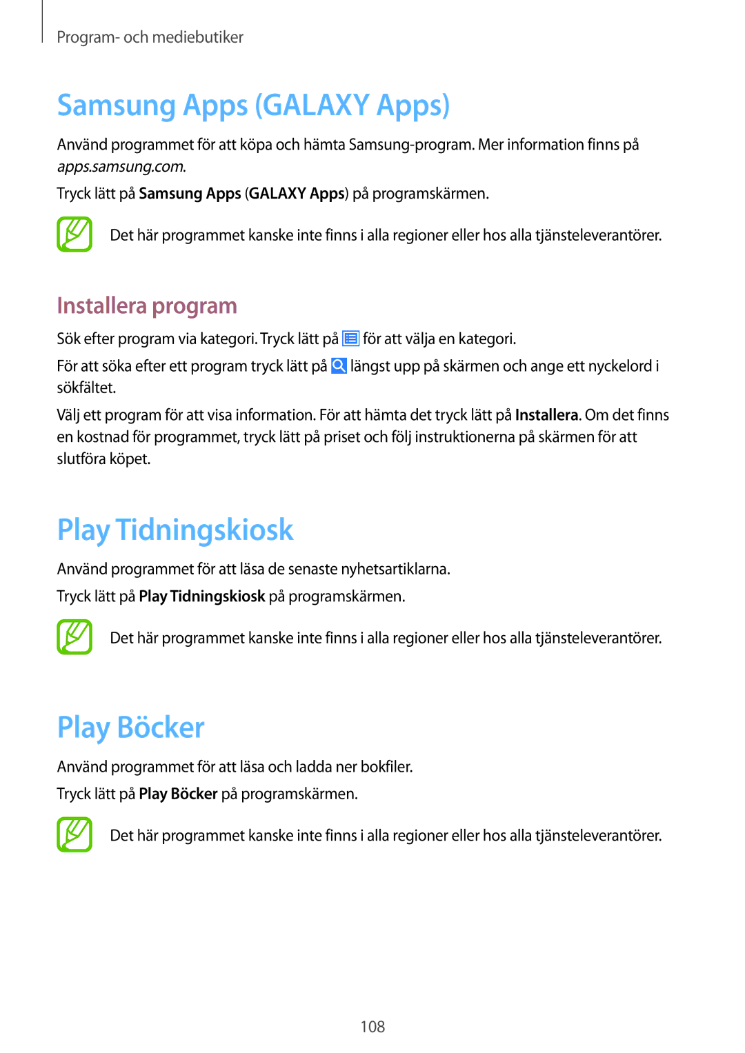 Samsung SM-N9005WDENEE, SM-N9005ZKENEE, SM-N9005ZIENEE manual Samsung Apps Galaxy Apps, Play Tidningskiosk, Play Böcker 
