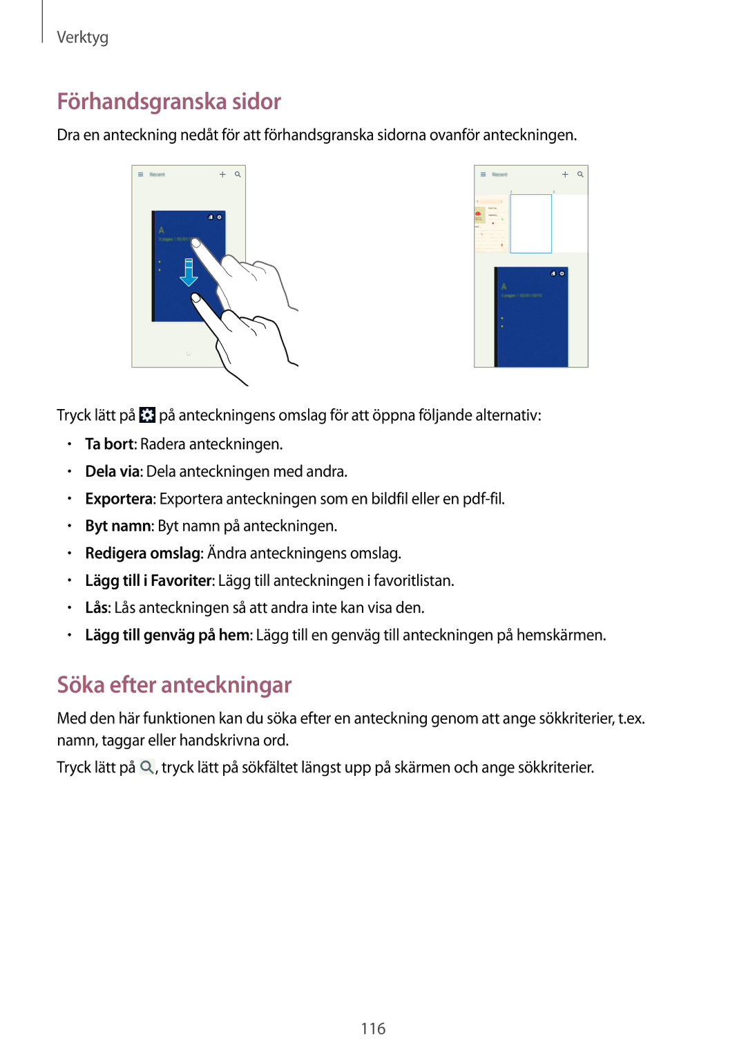 Samsung SM-N9005ZIENEE, SM-N9005WDENEE, SM-N9005ZKENEE, SM-N9005BDENEE manual Förhandsgranska sidor, Söka efter anteckningar 