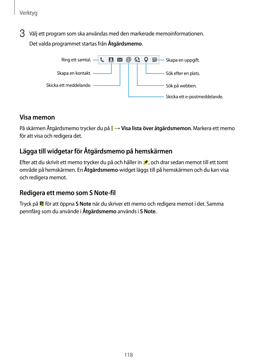 Samsung SM-N9005ZWENEE Visa memon, Lägga till widgetar för Åtgärdsmemo på hemskärmen, Redigera ett memo som S Note-fil 