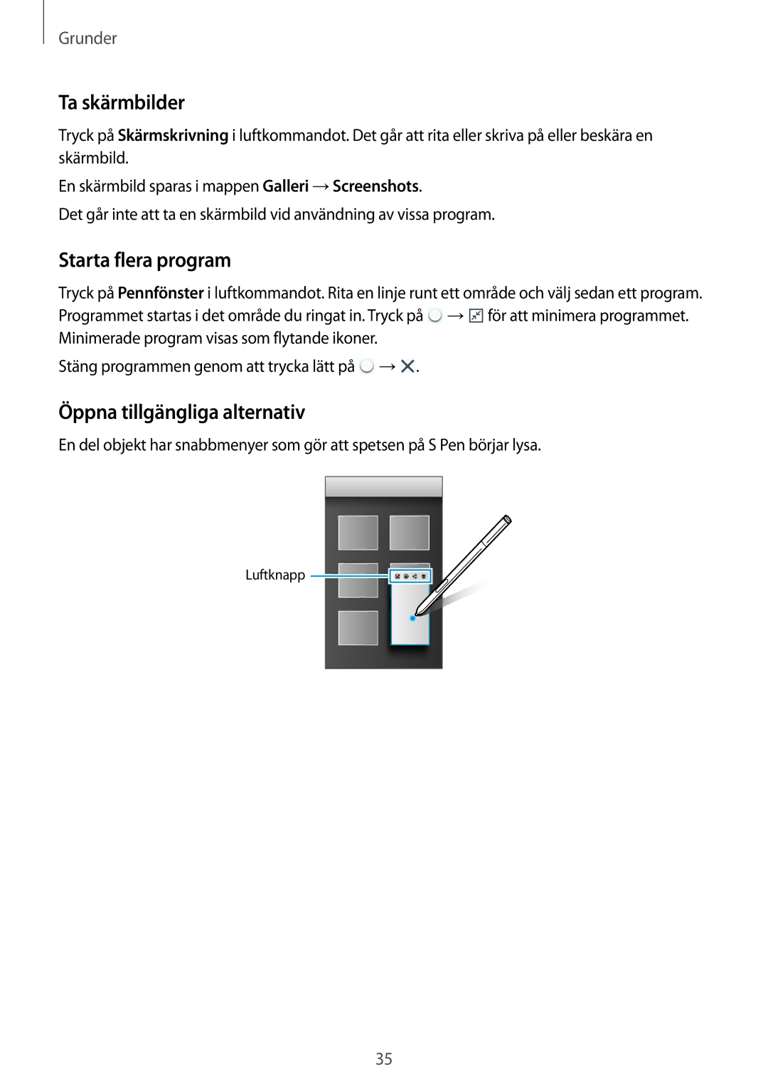 Samsung SM-N9005ZRENEE, SM-N9005WDENEE, SM-N9005ZKENEE Ta skärmbilder, Starta flera program, Öppna tillgängliga alternativ 