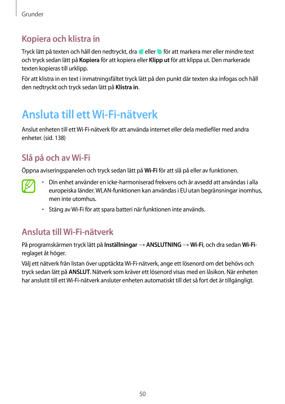 Samsung SM-N9005ZIENEE, SM-N9005WDENEE manual Ansluta till ett Wi-Fi-nätverk, Kopiera och klistra, Slå på och av Wi-Fi 