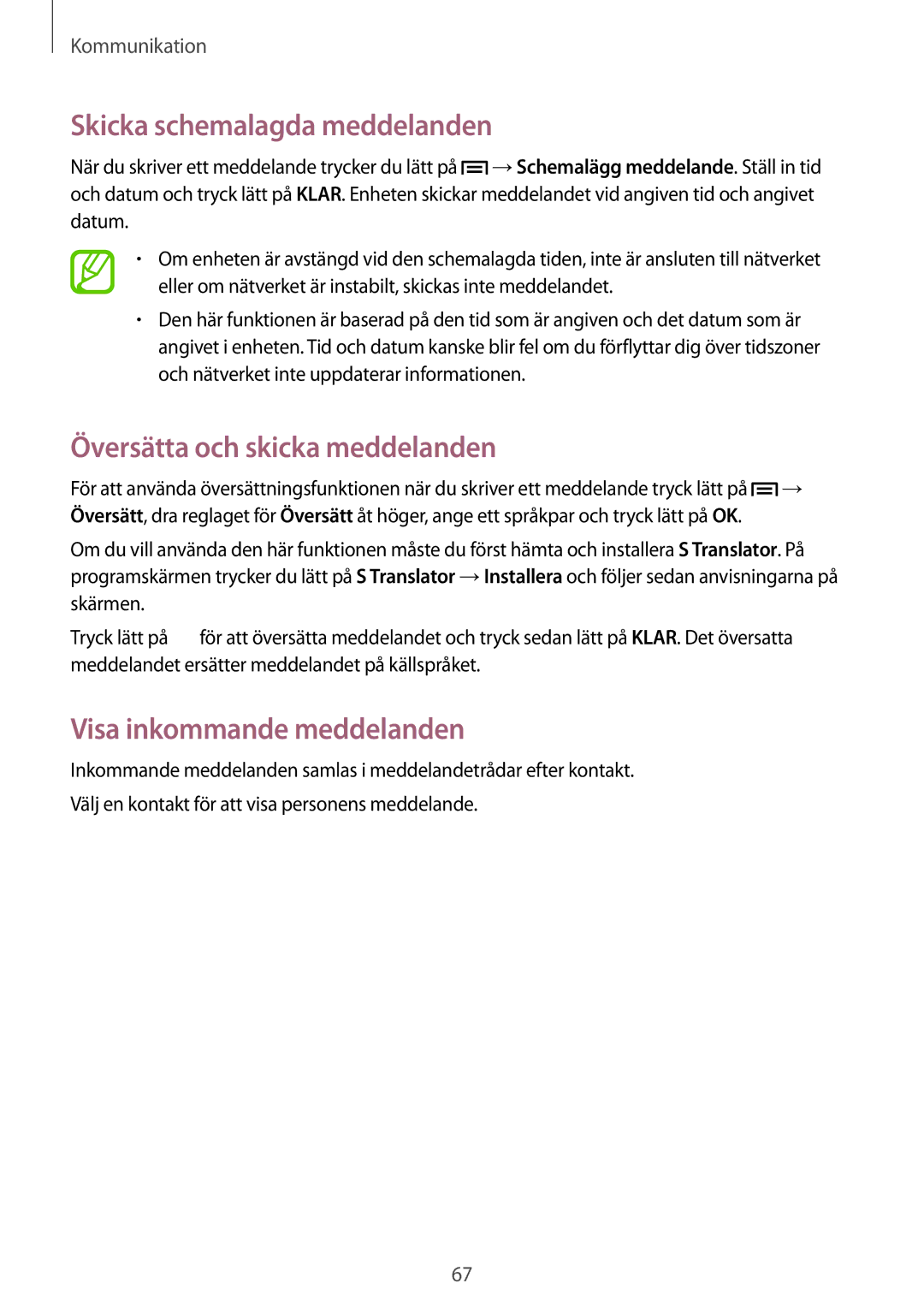 Samsung SM-N9005ZKENEE manual Skicka schemalagda meddelanden, Översätta och skicka meddelanden, Visa inkommande meddelanden 