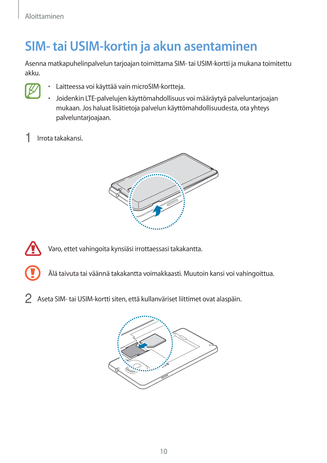 Samsung SM-N9005ZWENEE, SM-N9005WDENEE, SM-N9005ZKENEE, SM-N9005ZIENEE manual SIM- tai USIM-kortin ja akun asentaminen 