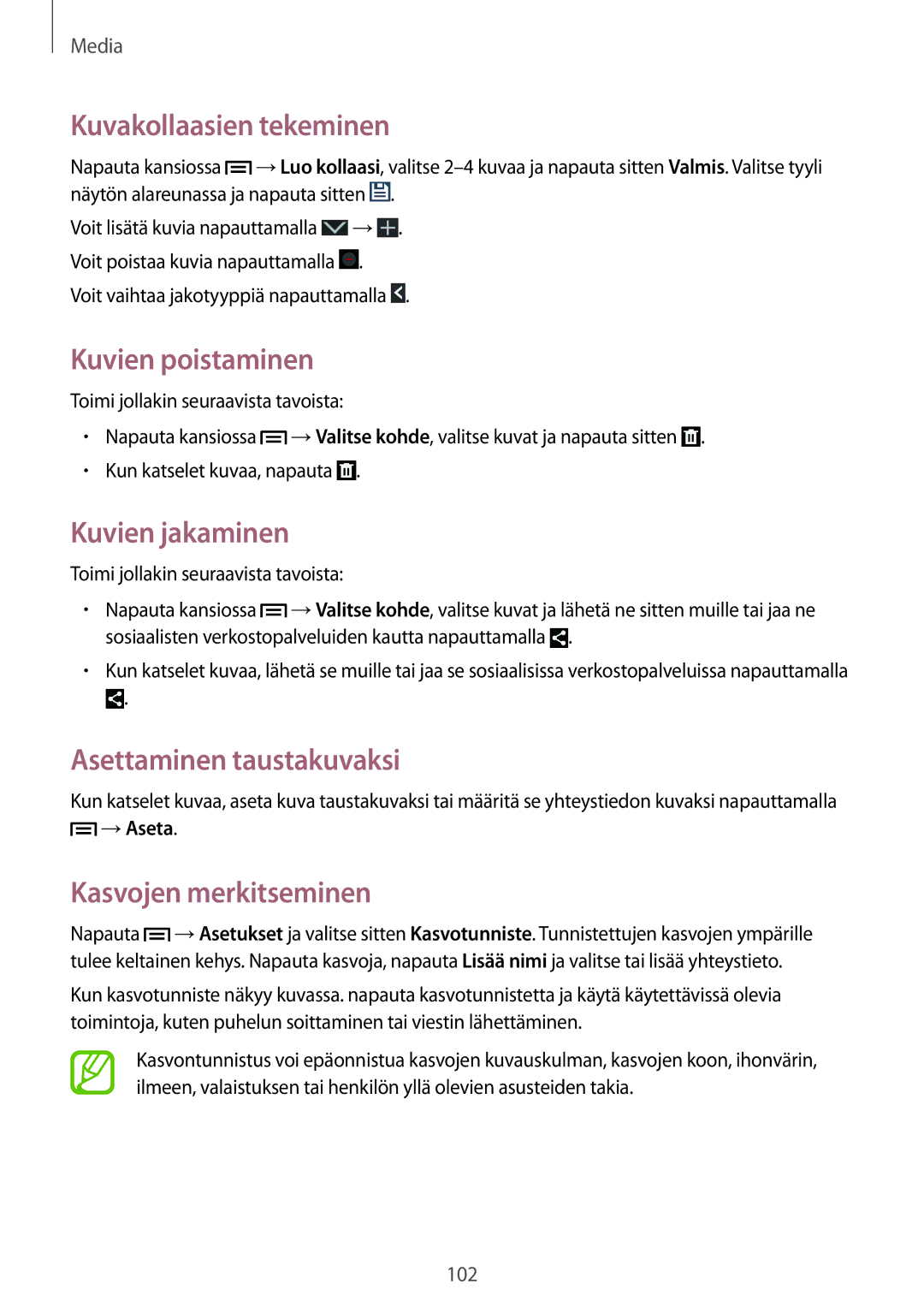 Samsung SM-N9005WDENEE manual Kuvakollaasien tekeminen, Kuvien poistaminen, Kuvien jakaminen, Asettaminen taustakuvaksi 