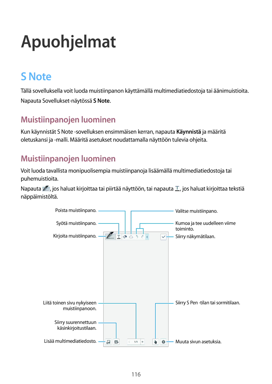 Samsung SM-N9005ZIENEE, SM-N9005WDENEE, SM-N9005ZKENEE, SM-N9005BDENEE, SM-N9005ZWENEE Apuohjelmat, Muistiinpanojen luominen 