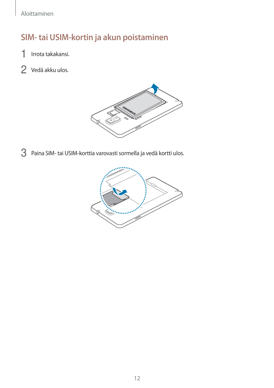 Samsung SM-N9005WDENEE, SM-N9005ZKENEE, SM-N9005ZIENEE, SM-N9005BDENEE manual SIM- tai USIM-kortin ja akun poistaminen 