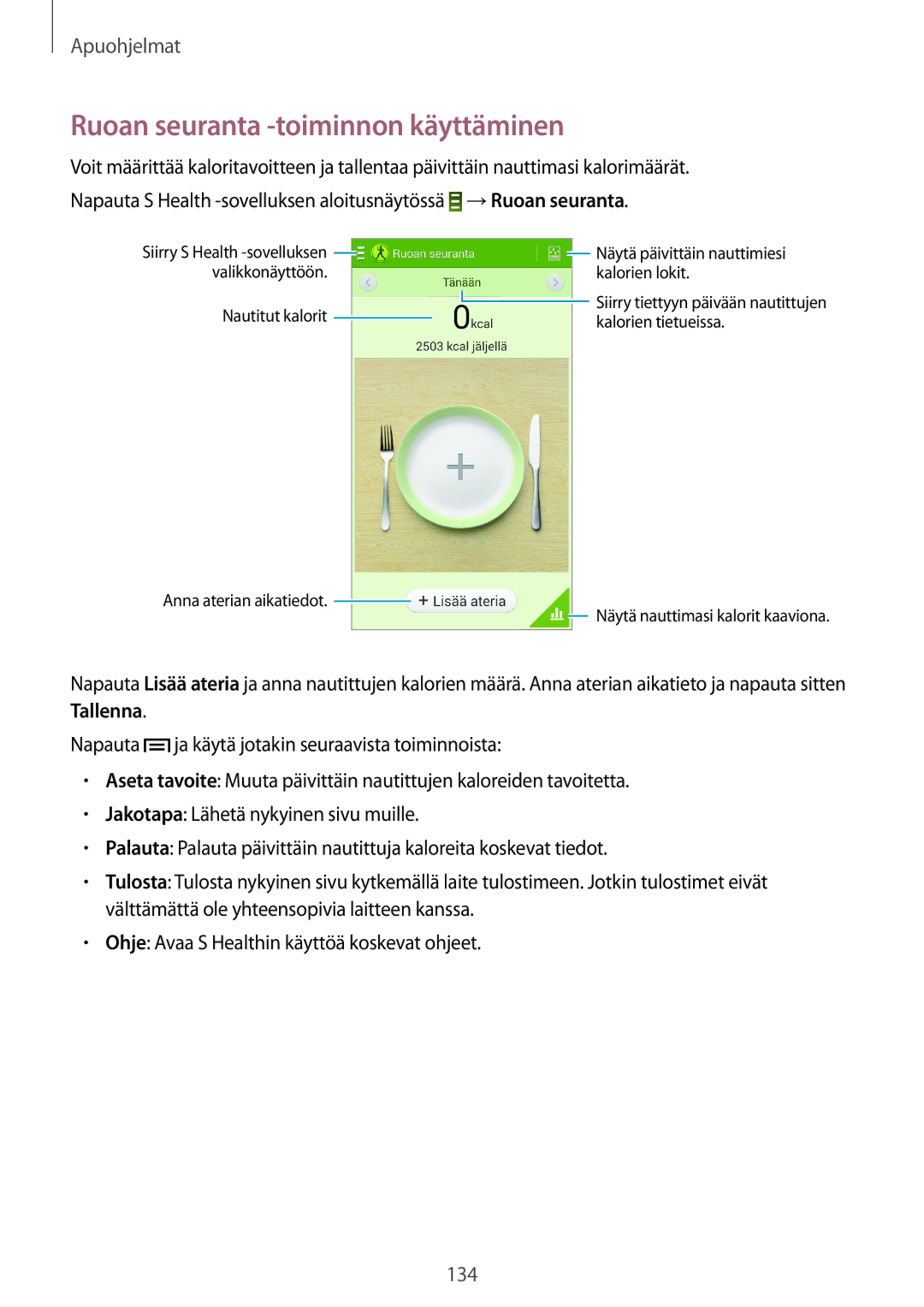 Samsung SM-N9005ZIENEE, SM-N9005WDENEE, SM-N9005ZKENEE, SM-N9005BDENEE, SM-N9005ZWENEE Ruoan seuranta -toiminnon käyttäminen 