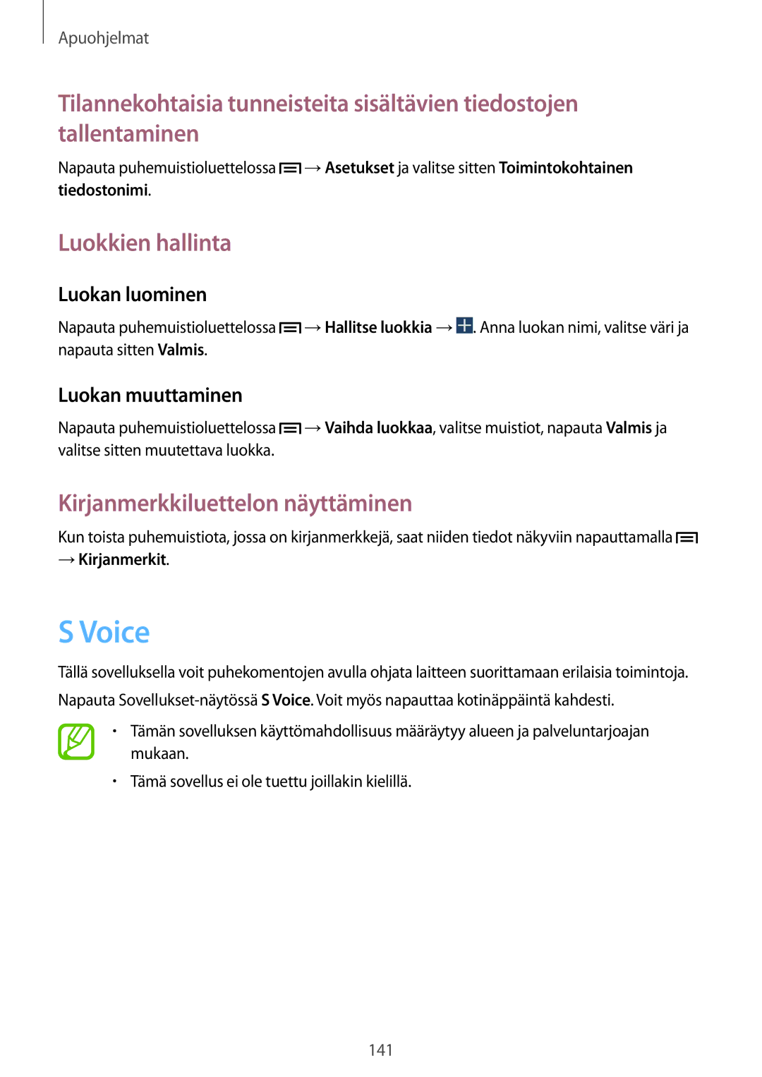 Samsung SM-N9005BDENEE Voice, Luokkien hallinta, Kirjanmerkkiluettelon näyttäminen, Luokan luominen, Luokan muuttaminen 