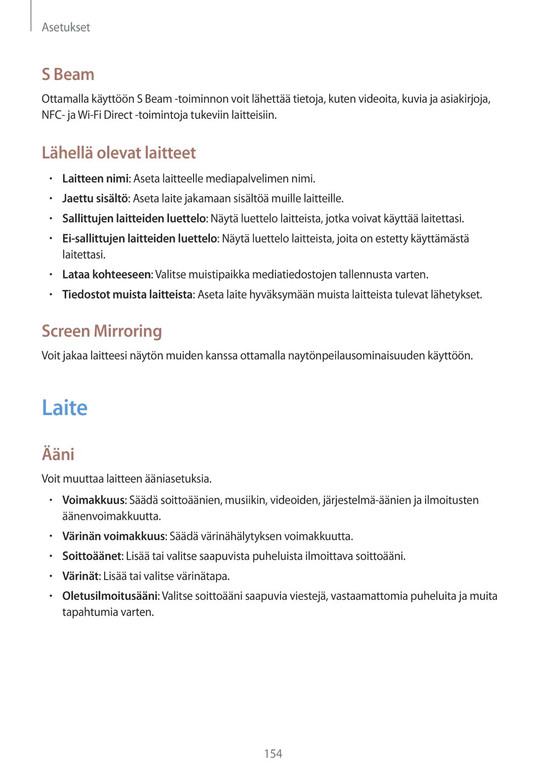 Samsung SM-N9005ZWENEE, SM-N9005WDENEE, SM-N9005ZKENEE manual Laite, Beam, Lähellä olevat laitteet, Screen Mirroring, Ääni 