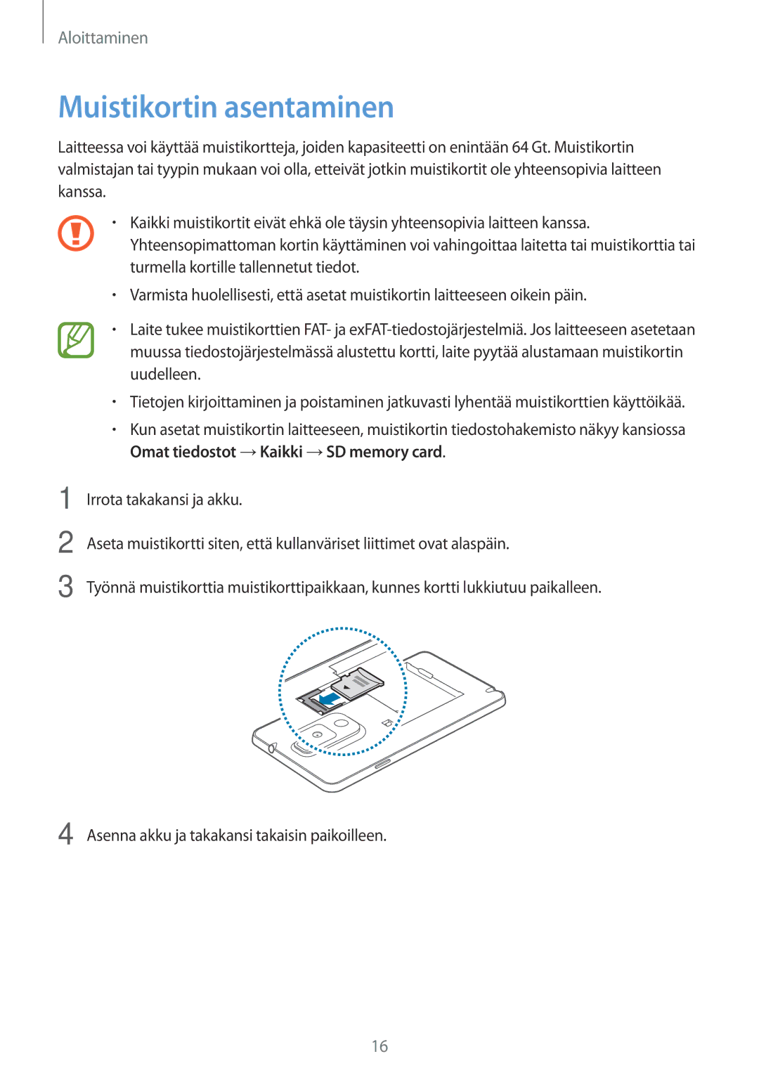 Samsung SM-N9005ZWENEE, SM-N9005WDENEE, SM-N9005ZKENEE, SM-N9005ZIENEE, SM-N9005BDENEE manual Muistikortin asentaminen 