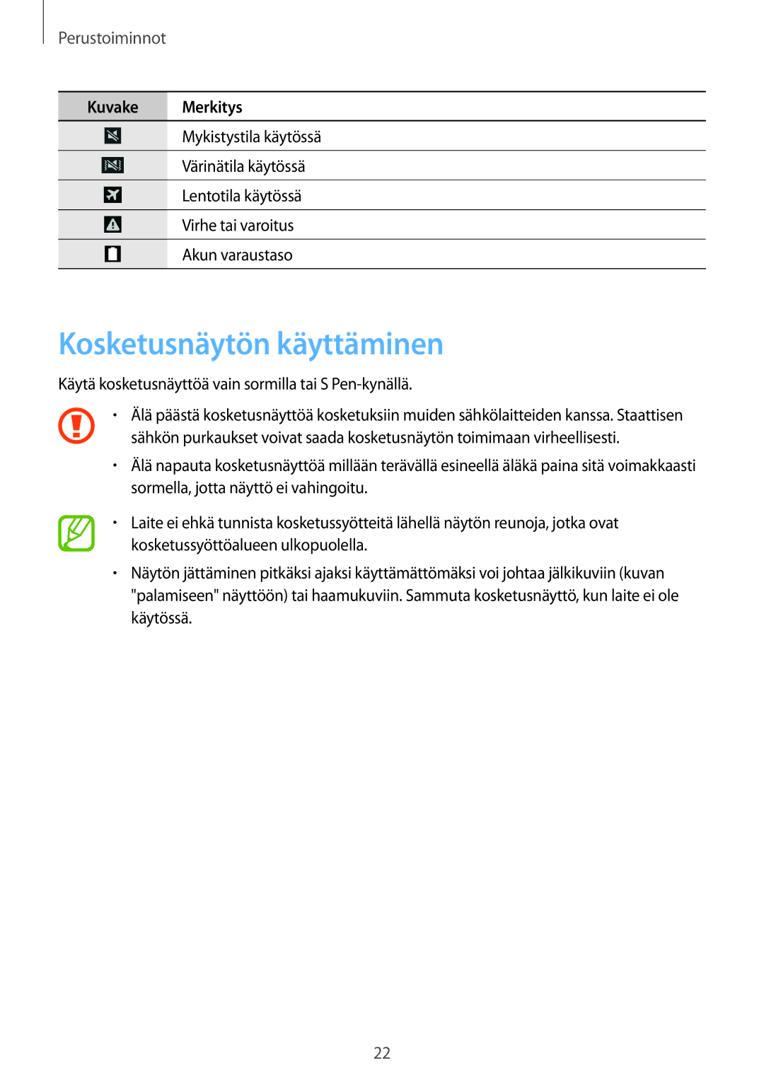 Samsung SM-N9005ZWENEE, SM-N9005WDENEE, SM-N9005ZKENEE, SM-N9005ZIENEE manual Kosketusnäytön käyttäminen, Perustoiminnot 