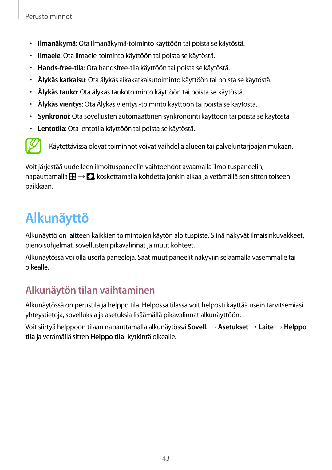 Samsung SM-N9005ZKENEE, SM-N9005WDENEE, SM-N9005ZIENEE, SM-N9005BDENEE manual Alkunäyttö, Alkunäytön tilan vaihtaminen 