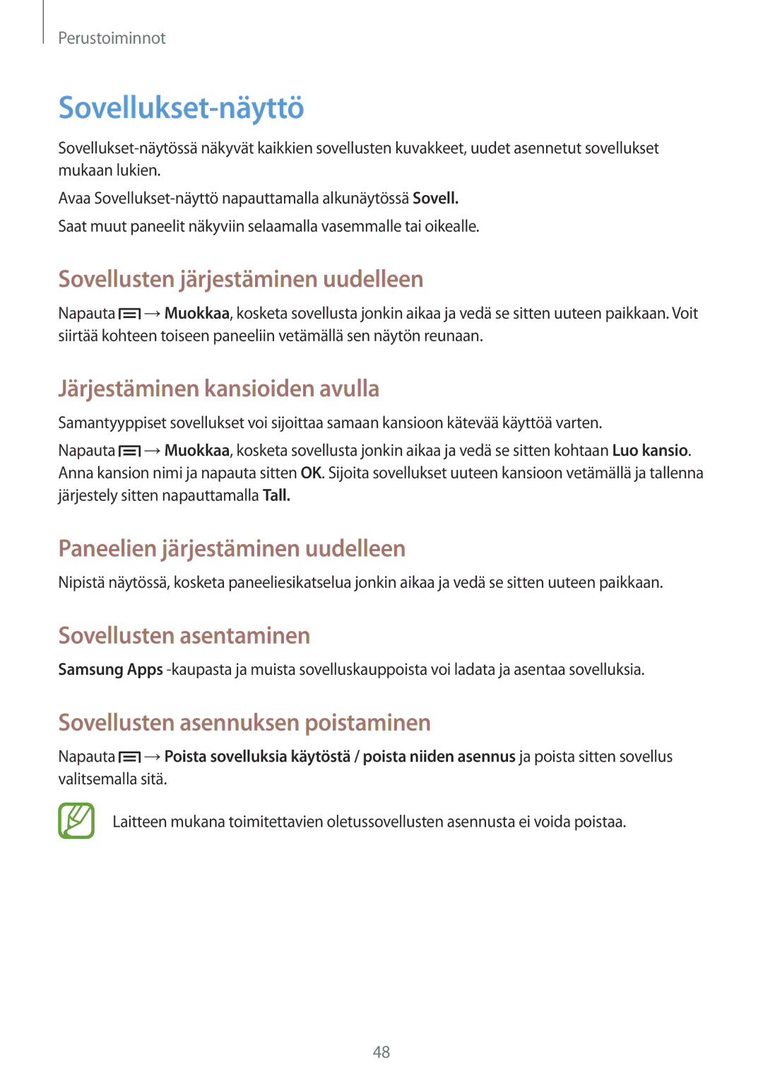 Samsung SM-N9005WDENEE manual Sovellukset-näyttö, Sovellusten järjestäminen uudelleen, Järjestäminen kansioiden avulla 