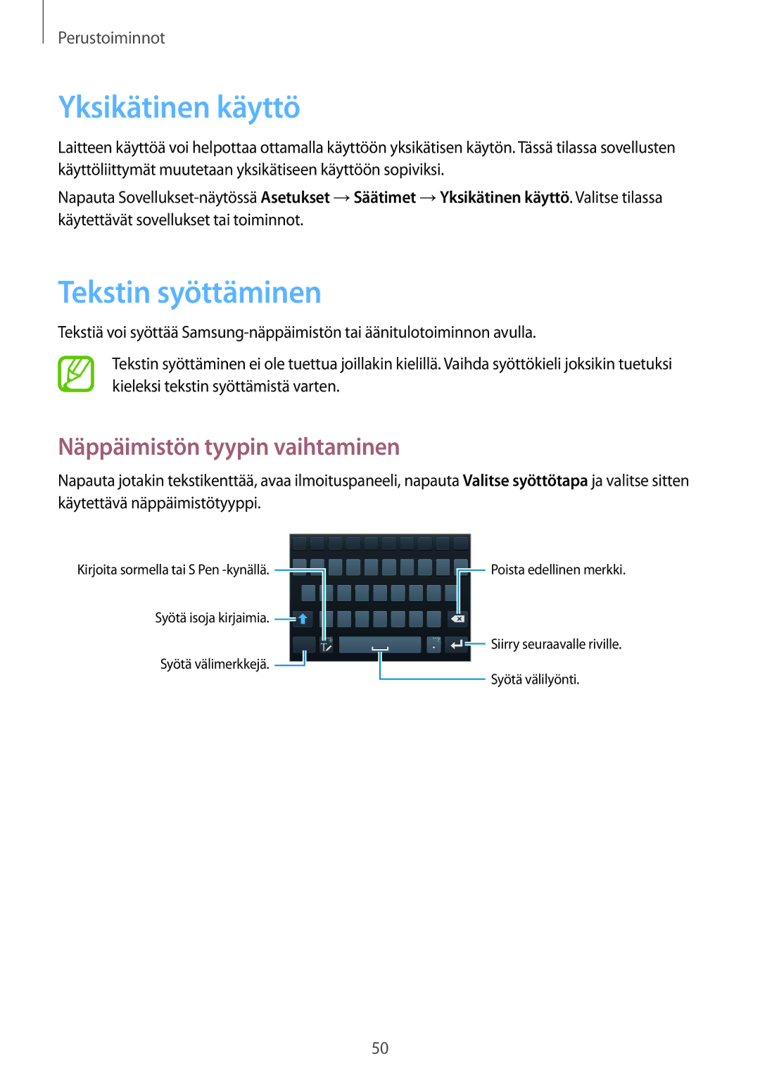 Samsung SM-N9005ZIENEE, SM-N9005WDENEE manual Yksikätinen käyttö, Tekstin syöttäminen, Näppäimistön tyypin vaihtaminen 