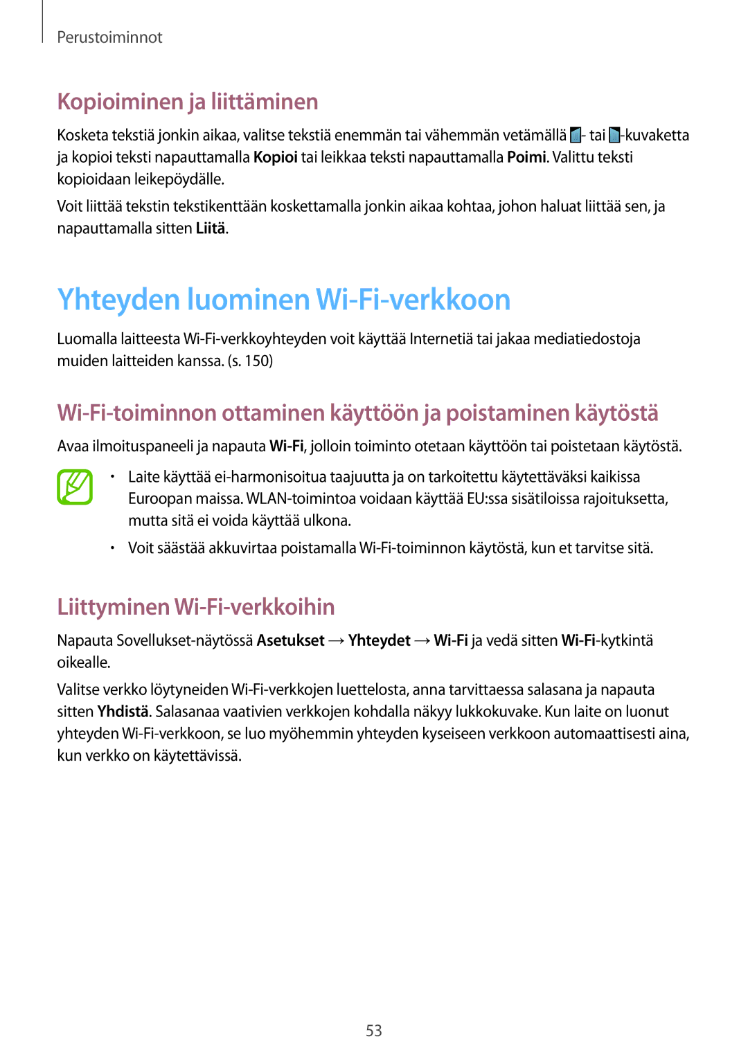 Samsung SM-N9005ZRENEE manual Yhteyden luominen Wi-Fi-verkkoon, Kopioiminen ja liittäminen, Liittyminen Wi-Fi-verkkoihin 