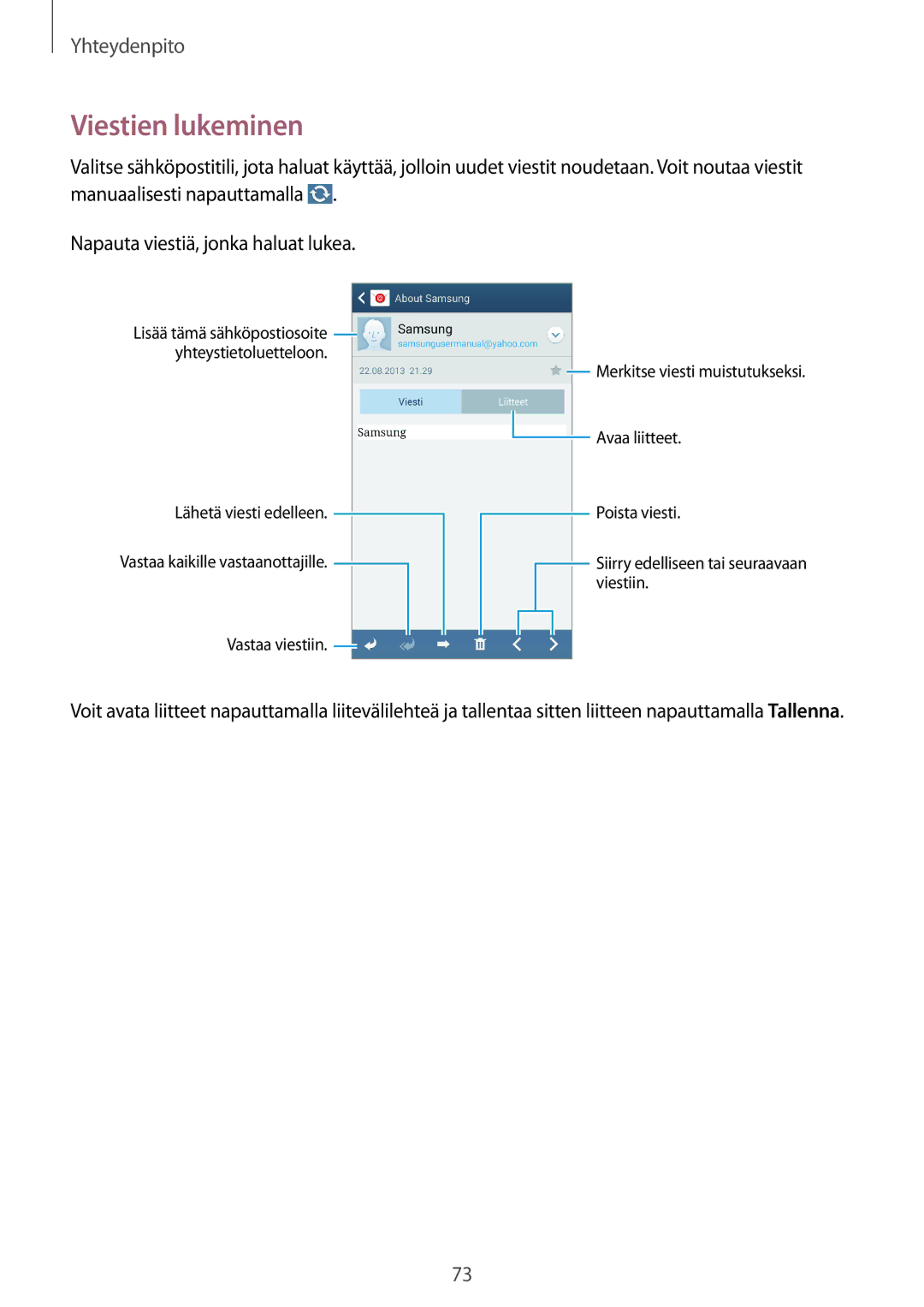 Samsung SM-N9005ZKENEE, SM-N9005WDENEE, SM-N9005ZIENEE, SM-N9005BDENEE, SM-N9005ZWENEE, SM-N9005ZRENEE manual Viestien lukeminen 