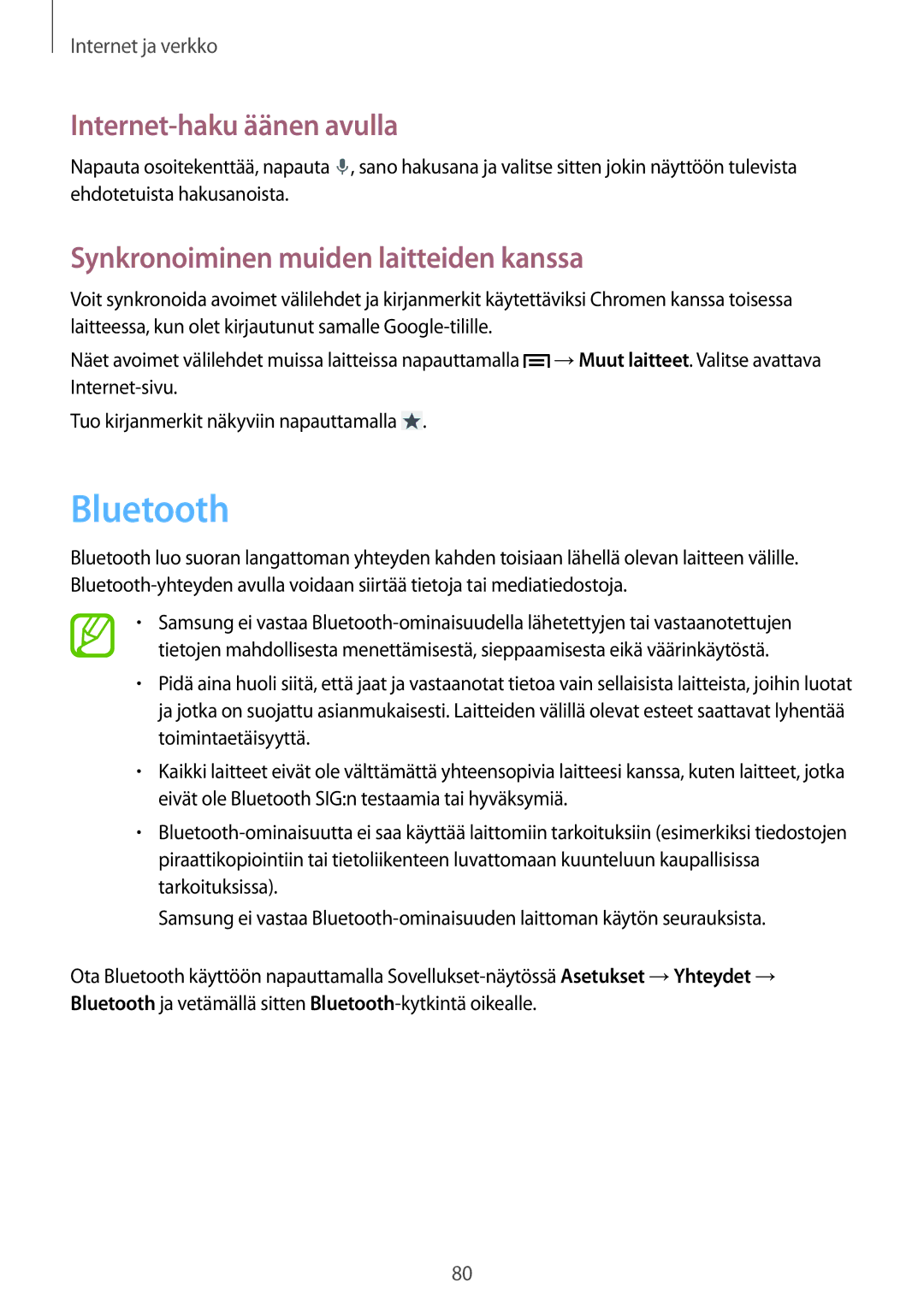 Samsung SM-N9005ZIENEE, SM-N9005WDENEE manual Bluetooth, Internet-haku äänen avulla, Synkronoiminen muiden laitteiden kanssa 