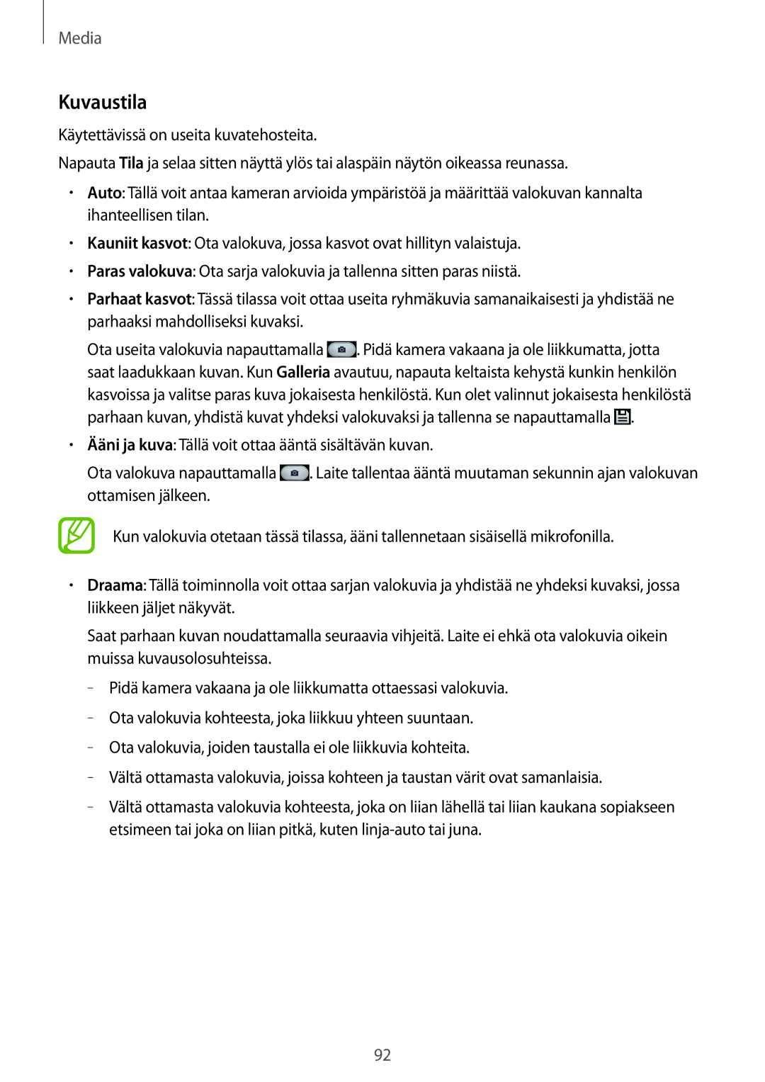 Samsung SM-N9005ZIENEE, SM-N9005WDENEE, SM-N9005ZKENEE, SM-N9005BDENEE, SM-N9005ZWENEE, SM-N9005ZRENEE manual Kuvaustila 