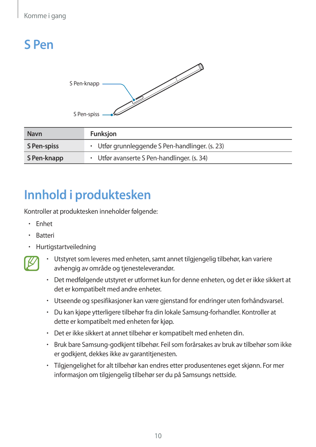 Samsung SM-N9005ZWENEE, SM-N9005WDENEE, SM-N9005ZKENEE manual Innhold i produktesken, Navn Funksjon Pen-spiss, Pen-knapp 