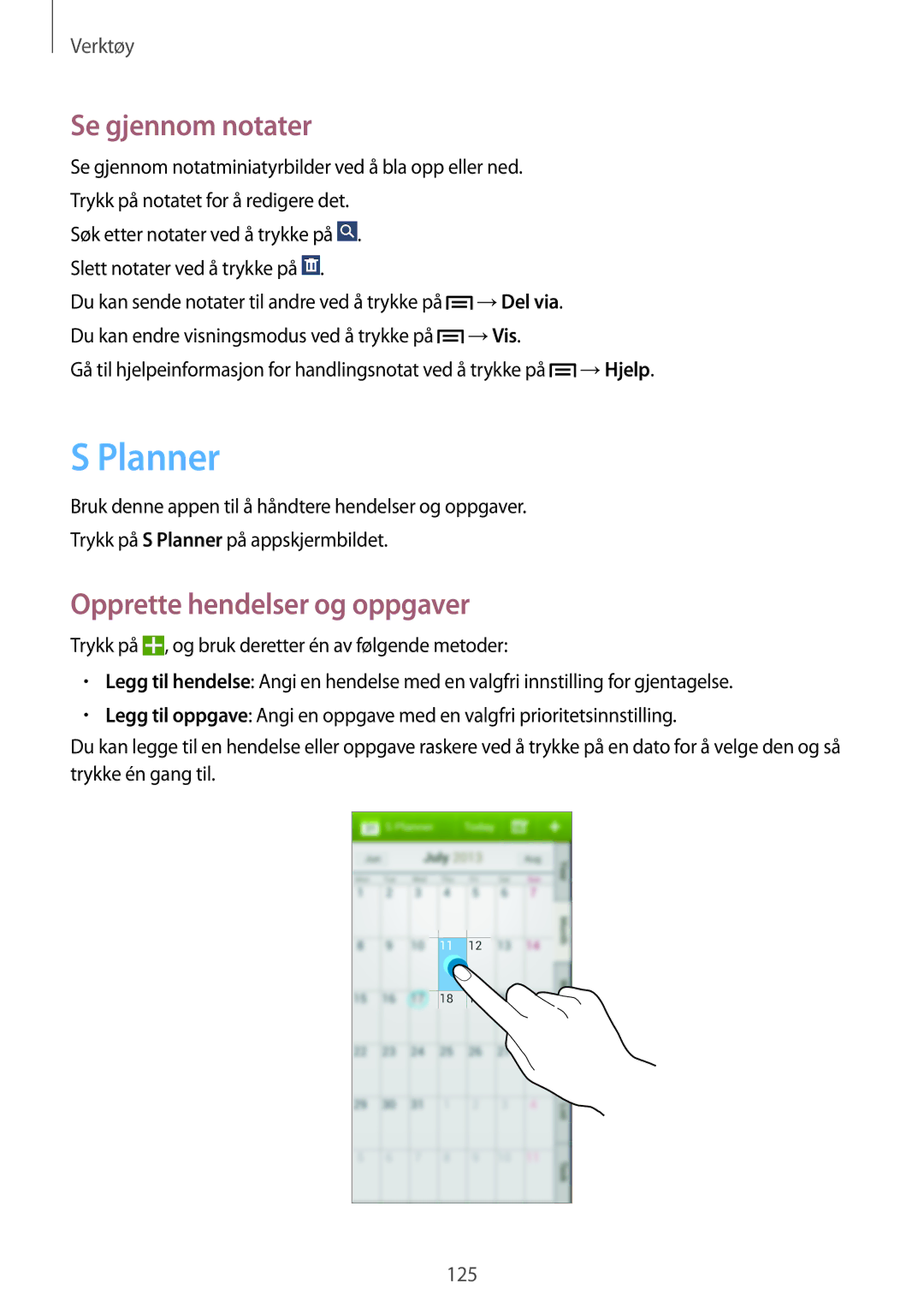 Samsung SM-N9005ZRENEE, SM-N9005WDENEE, SM-N9005ZKENEE manual Planner, Se gjennom notater, Opprette hendelser og oppgaver 