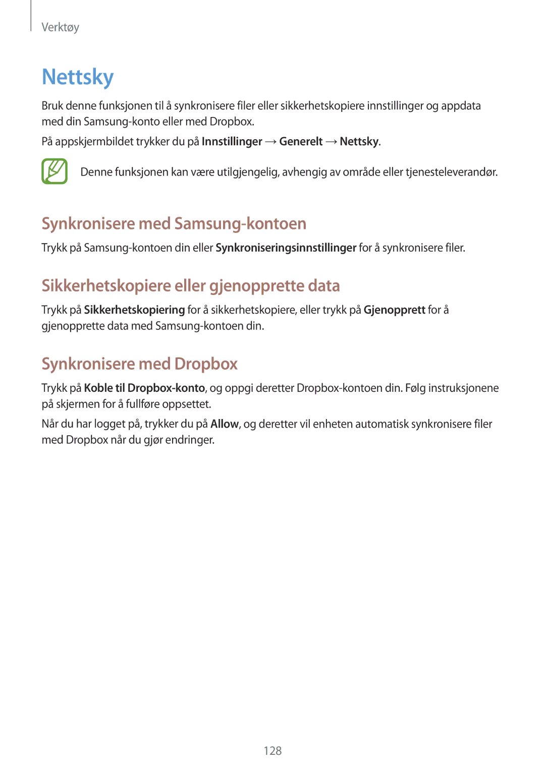 Samsung SM-N9005ZIENEE manual Nettsky, Synkronisere med Samsung-kontoen, Sikkerhetskopiere eller gjenopprette data 