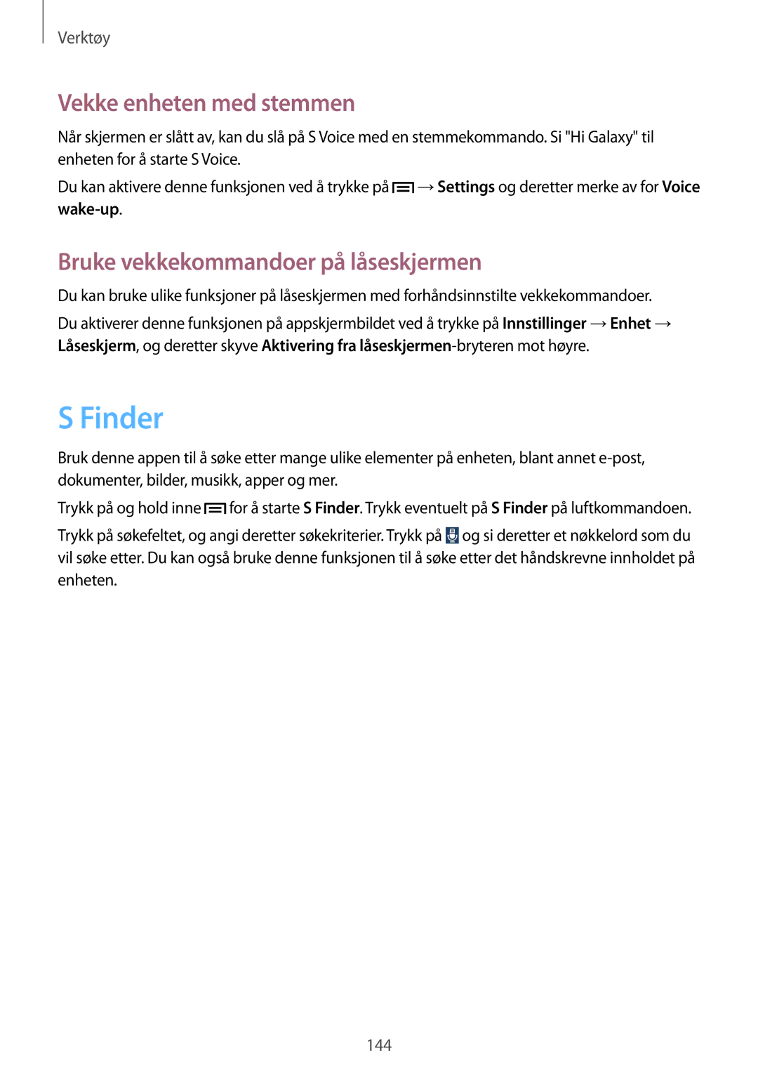 Samsung SM-N9005WDENEE, SM-N9005ZKENEE manual Finder, Vekke enheten med stemmen, Bruke vekkekommandoer på låseskjermen 