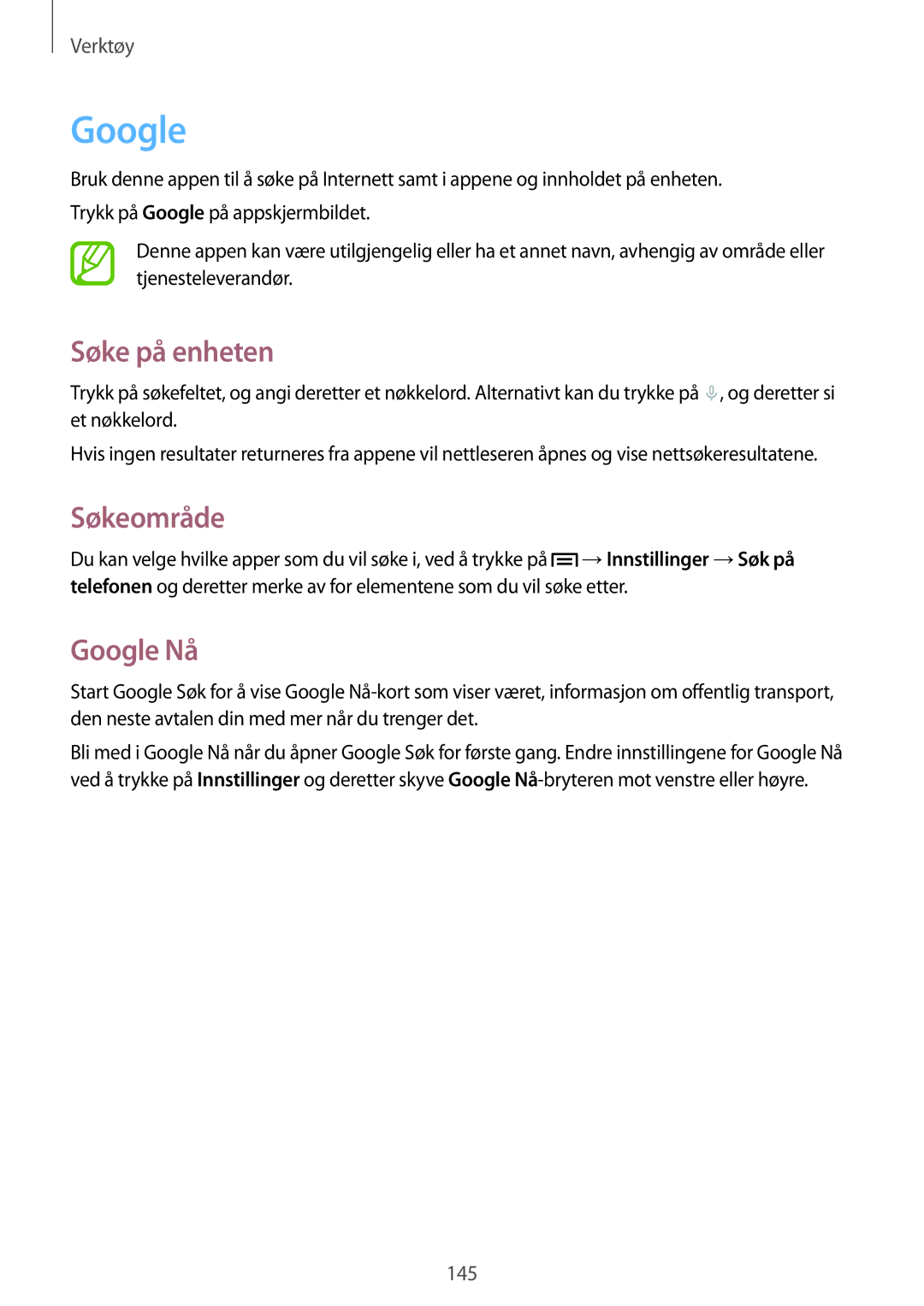 Samsung SM-N9005ZKENEE, SM-N9005WDENEE, SM-N9005ZIENEE, SM-N9005BDENEE manual Søke på enheten, Søkeområde, Google Nå 