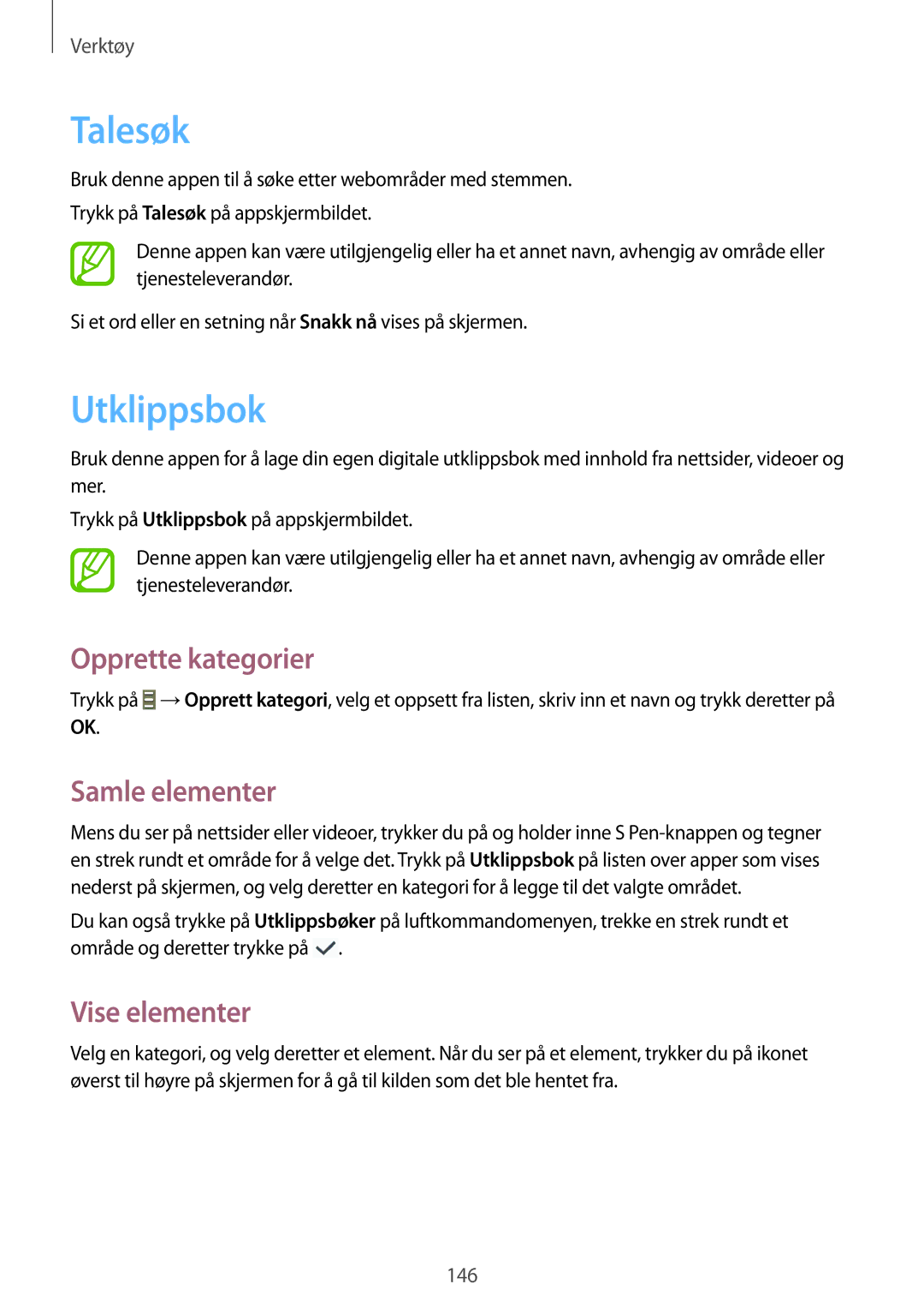 Samsung SM-N9005ZIENEE, SM-N9005WDENEE manual Talesøk, Utklippsbok, Opprette kategorier, Samle elementer, Vise elementer 