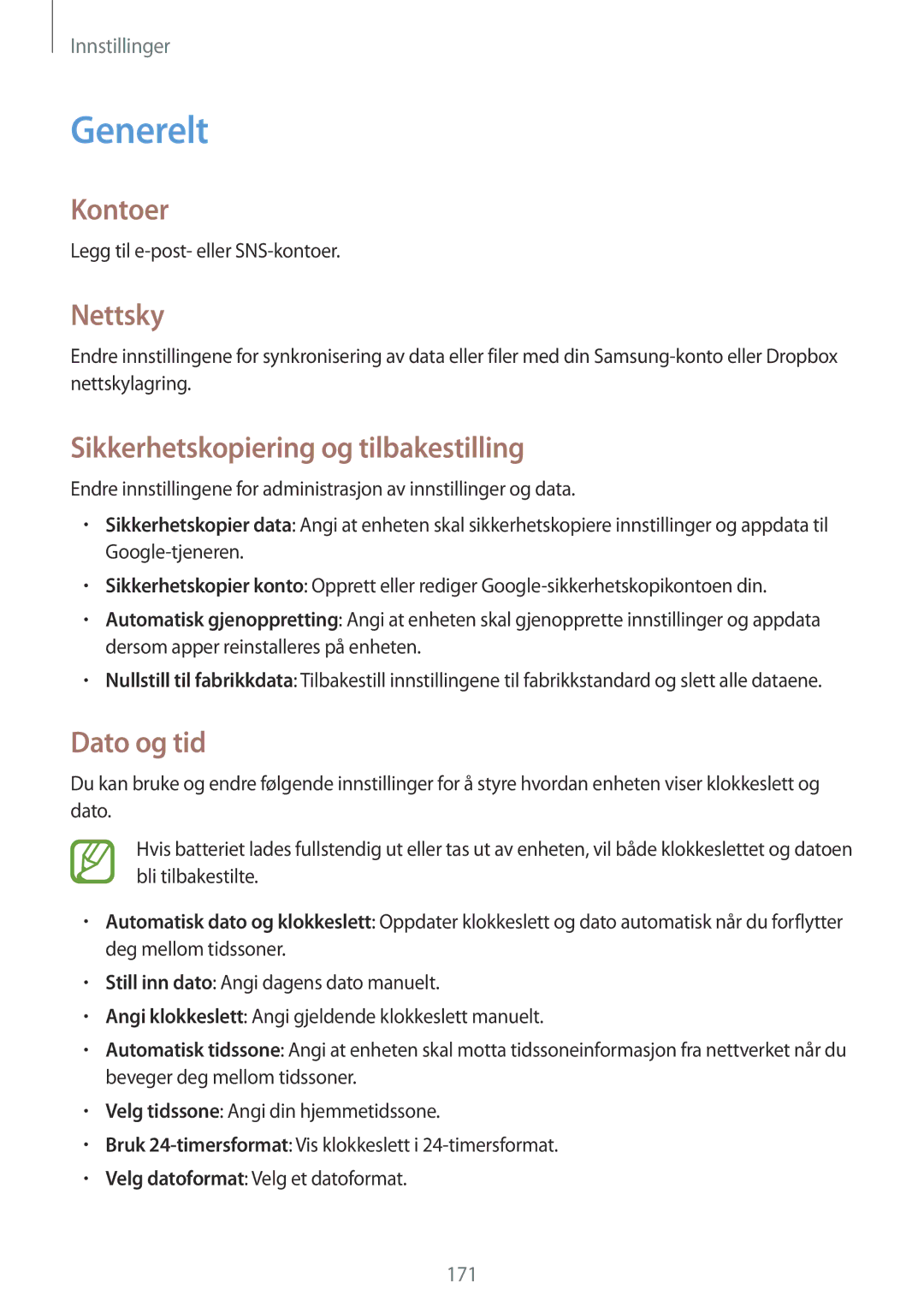 Samsung SM-N9005BDENEE, SM-N9005WDENEE Generelt, Kontoer, Nettsky, Sikkerhetskopiering og tilbakestilling, Dato og tid 