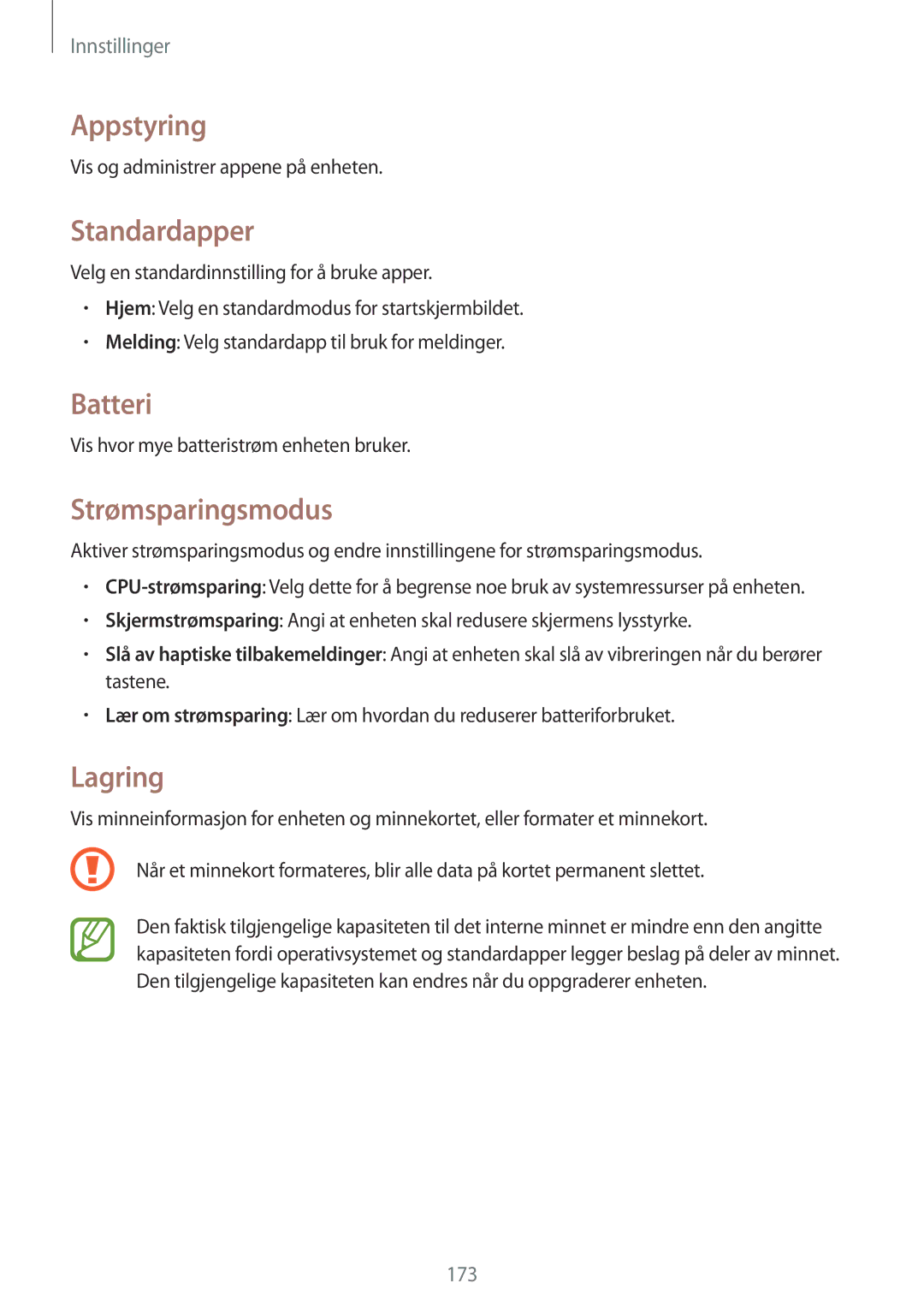 Samsung SM-N9005ZRENEE, SM-N9005WDENEE, SM-N9005ZKENEE manual Appstyring, Standardapper, Batteri, Strømsparingsmodus, Lagring 