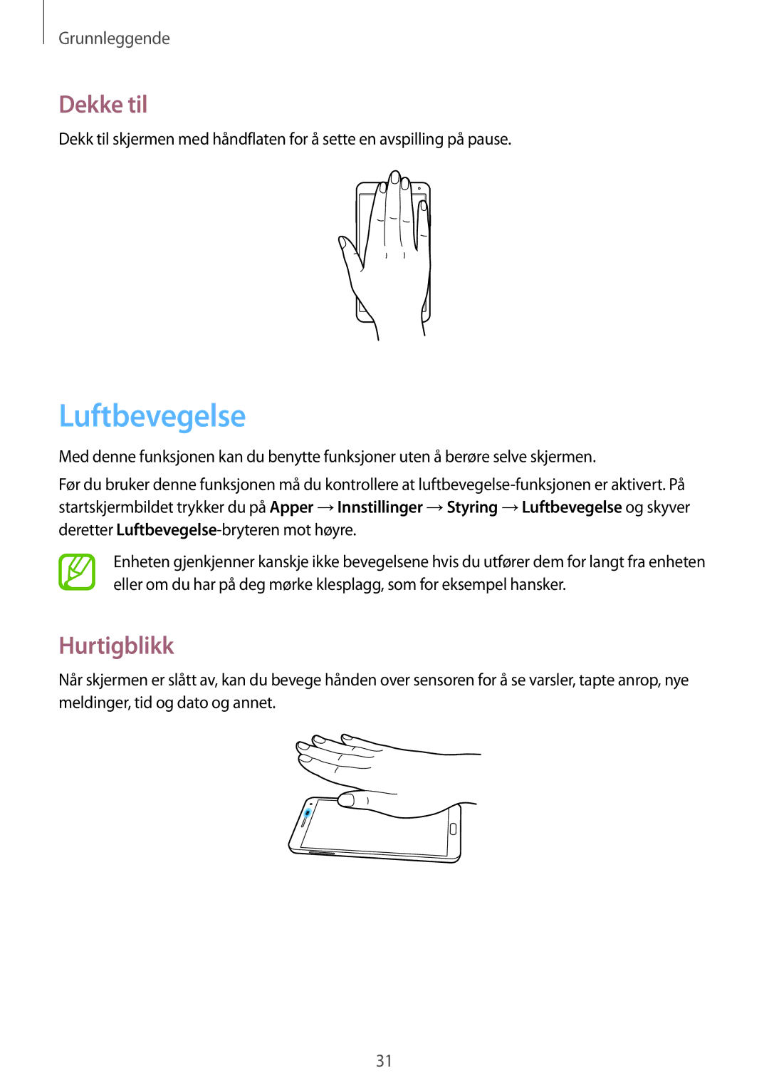 Samsung SM-N9005ZKENEE, SM-N9005WDENEE, SM-N9005ZIENEE, SM-N9005BDENEE, SM-N9005ZWENEE Luftbevegelse, Dekke til, Hurtigblikk 