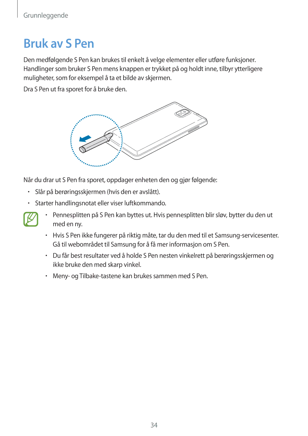 Samsung SM-N9005ZWENEE, SM-N9005WDENEE, SM-N9005ZKENEE, SM-N9005ZIENEE, SM-N9005BDENEE, SM-N9005ZRENEE manual Bruk av S Pen 