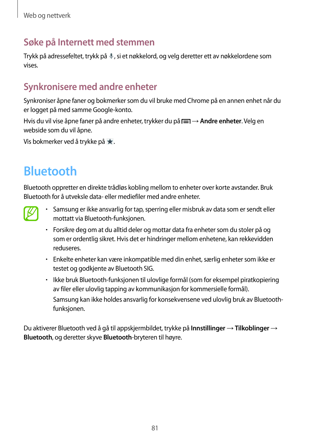 Samsung SM-N9005BDENEE, SM-N9005WDENEE manual Bluetooth, Søke på Internett med stemmen, Synkronisere med andre enheter 