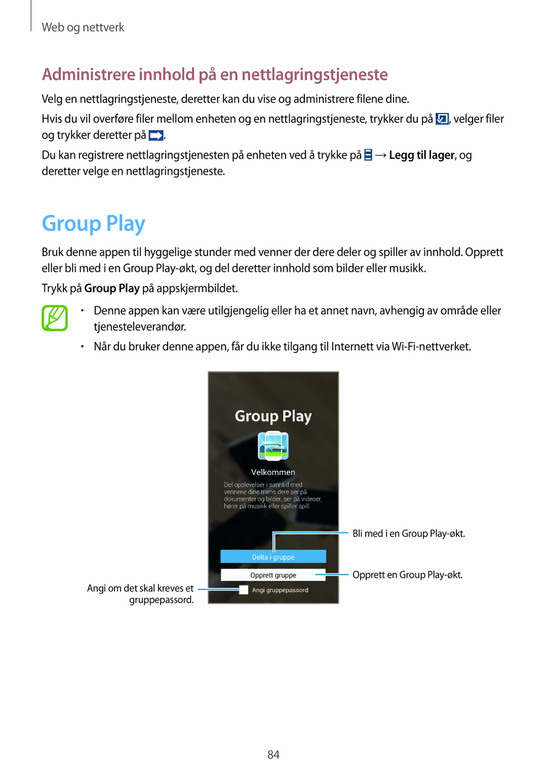 Samsung SM-N9005WDENEE, SM-N9005ZKENEE, SM-N9005ZIENEE manual Group Play, Administrere innhold på en nettlagringstjeneste 