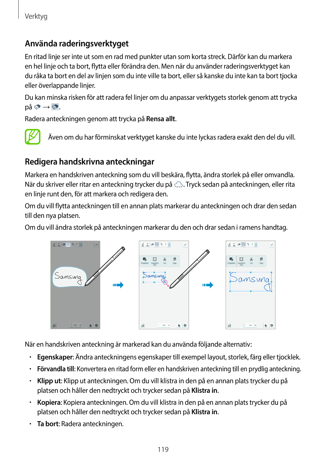 Samsung SM-N9005ZRENEE, SM-N9005WDENEE, SM-N9005ZKENEE manual Använda raderingsverktyget, Redigera handskrivna anteckningar 