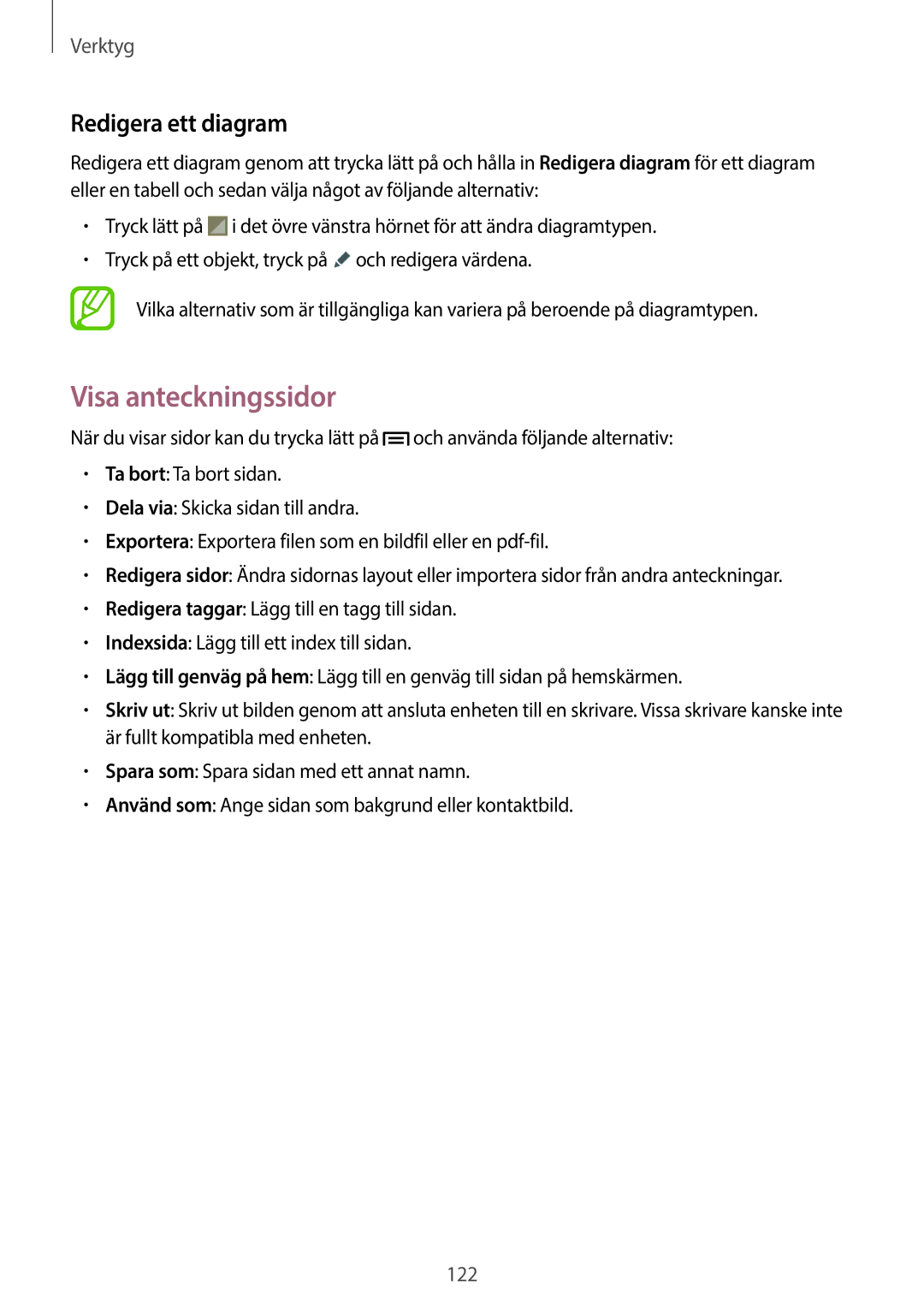 Samsung SM-N9005ZIENEE, SM-N9005WDENEE, SM-N9005ZKENEE, SM-N9005BDENEE manual Visa anteckningssidor, Redigera ett diagram 