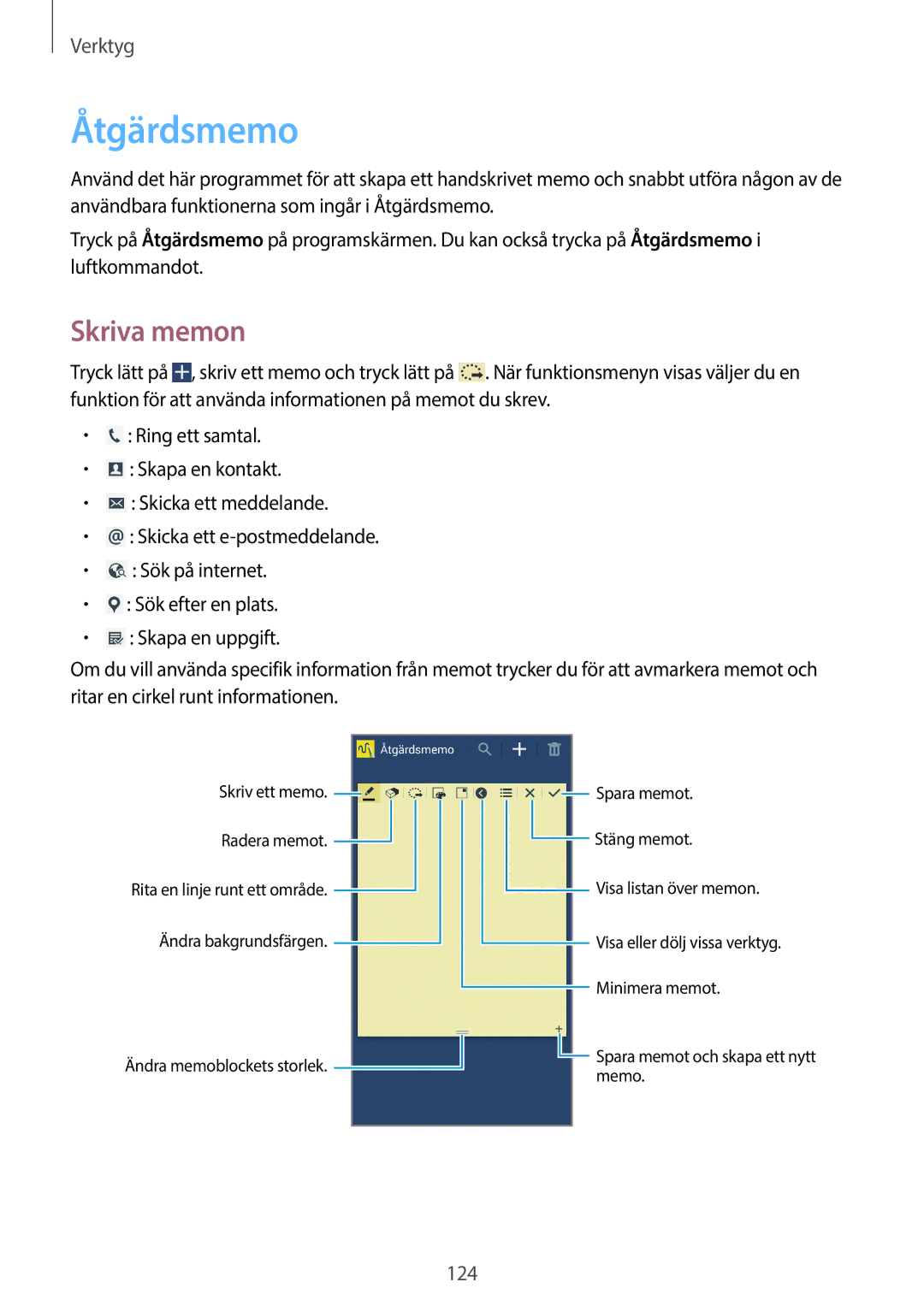 Samsung SM-N9005ZWENEE, SM-N9005WDENEE, SM-N9005ZKENEE, SM-N9005ZIENEE, SM-N9005BDENEE manual Åtgärdsmemo, Skriva memon 