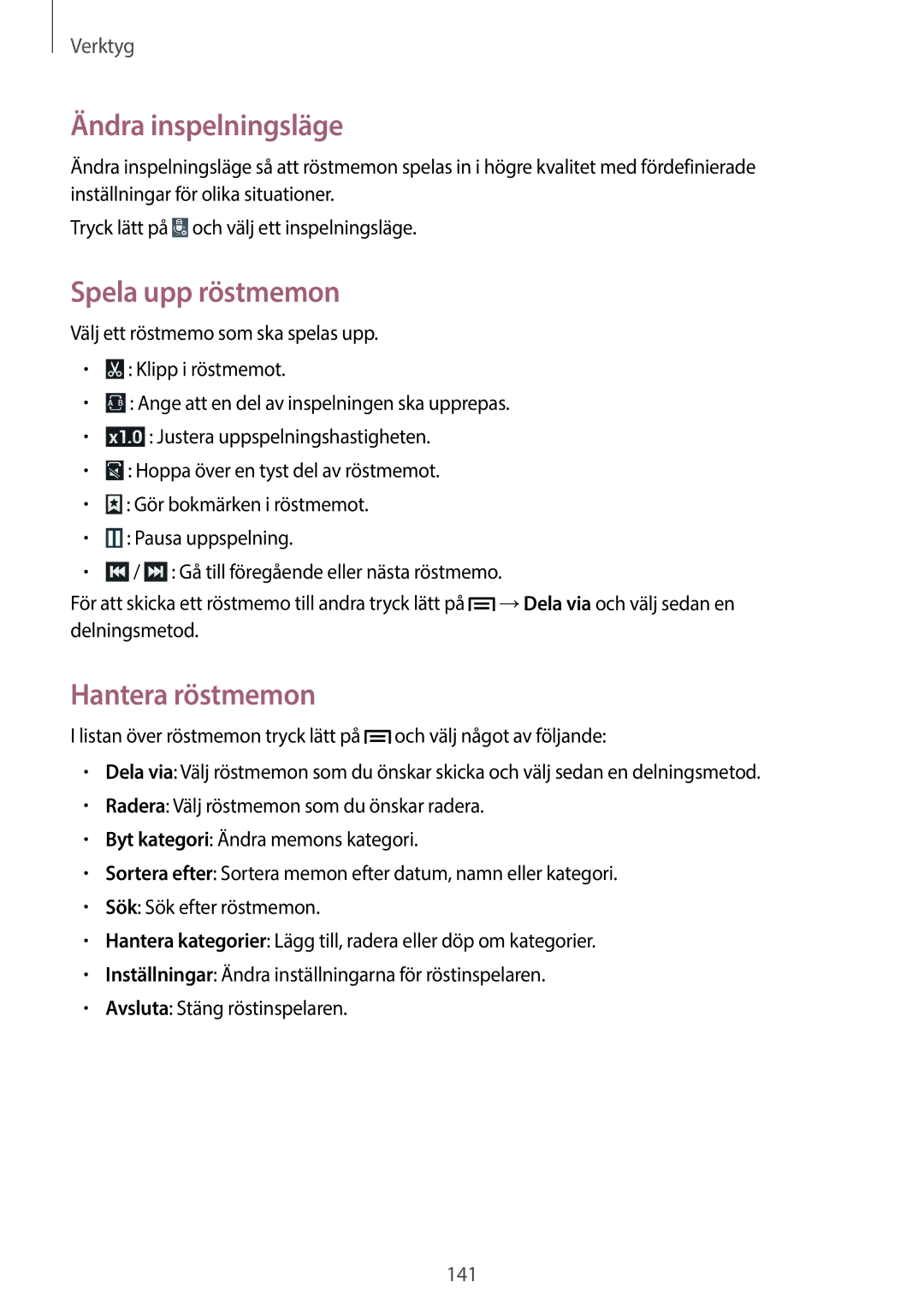 Samsung SM-N9005BDENEE, SM-N9005WDENEE, SM-N9005ZKENEE manual Ändra inspelningsläge, Spela upp röstmemon, Hantera röstmemon 